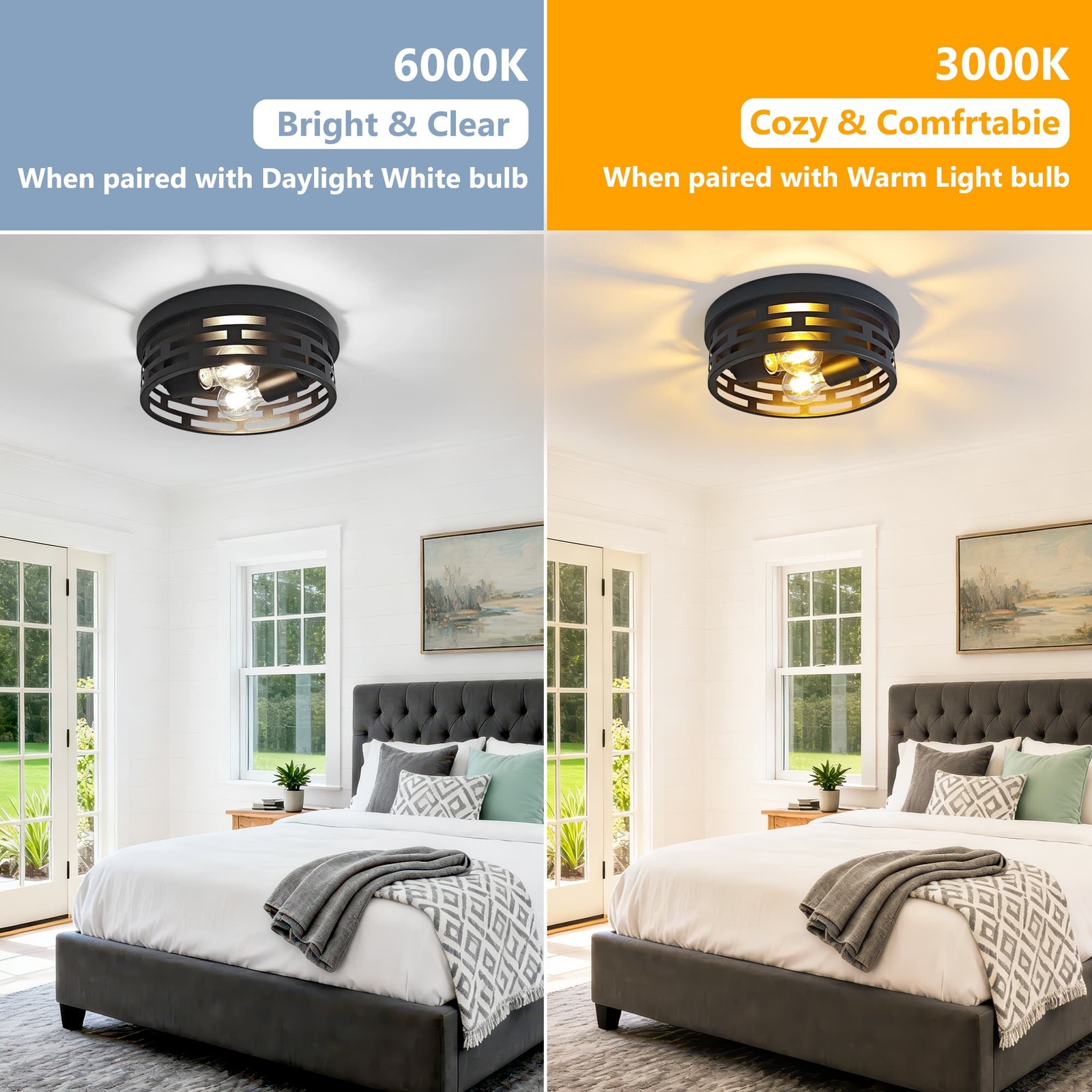2-Pack 10.2″ Industrial Flush Mount Ceiling Light 2-Light Black Ceiling Fixture