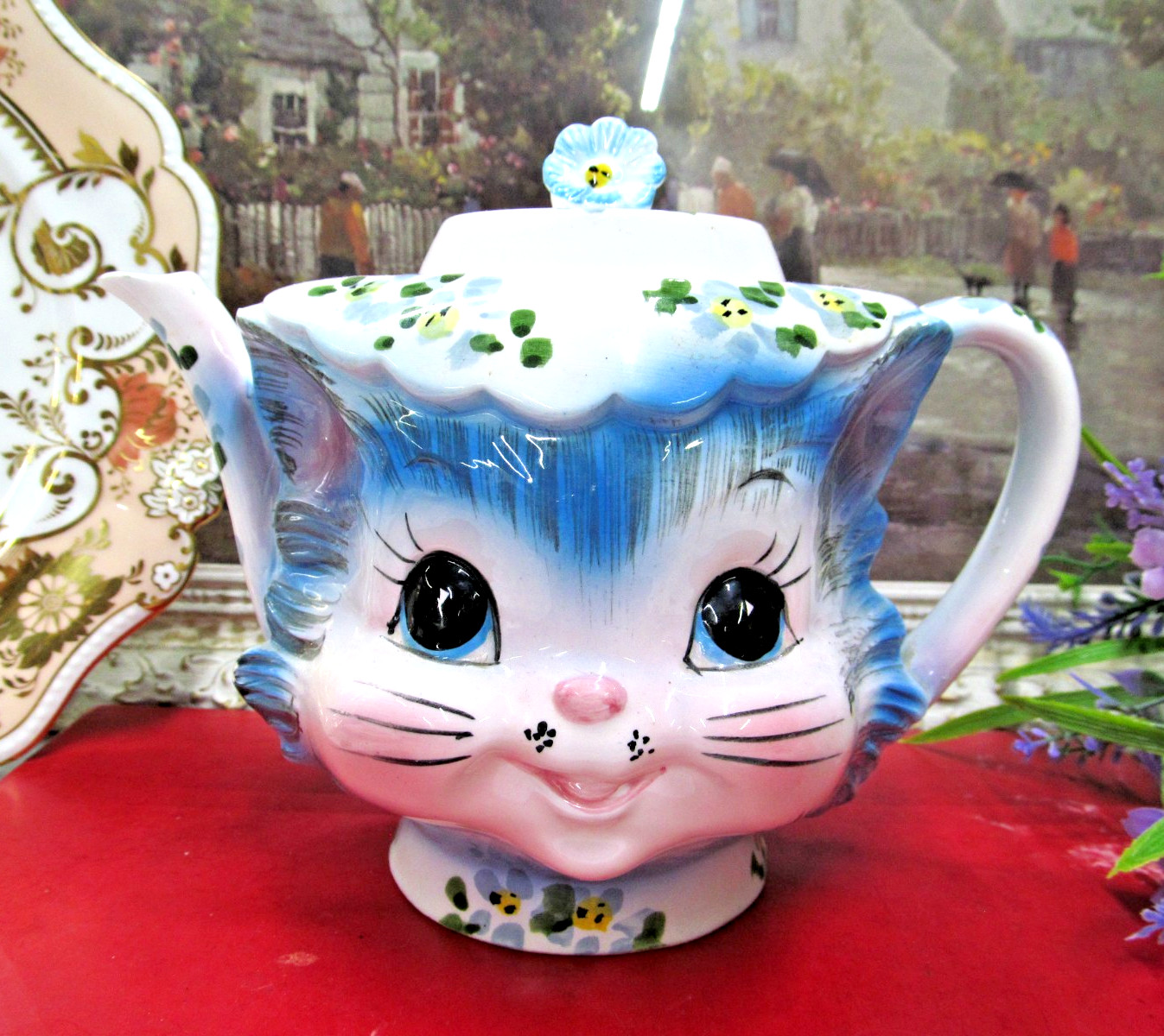 Vintage Lefton Miss Priss Teapot 4 Cup Ceramic Blue Kitty Cat Japan #1516