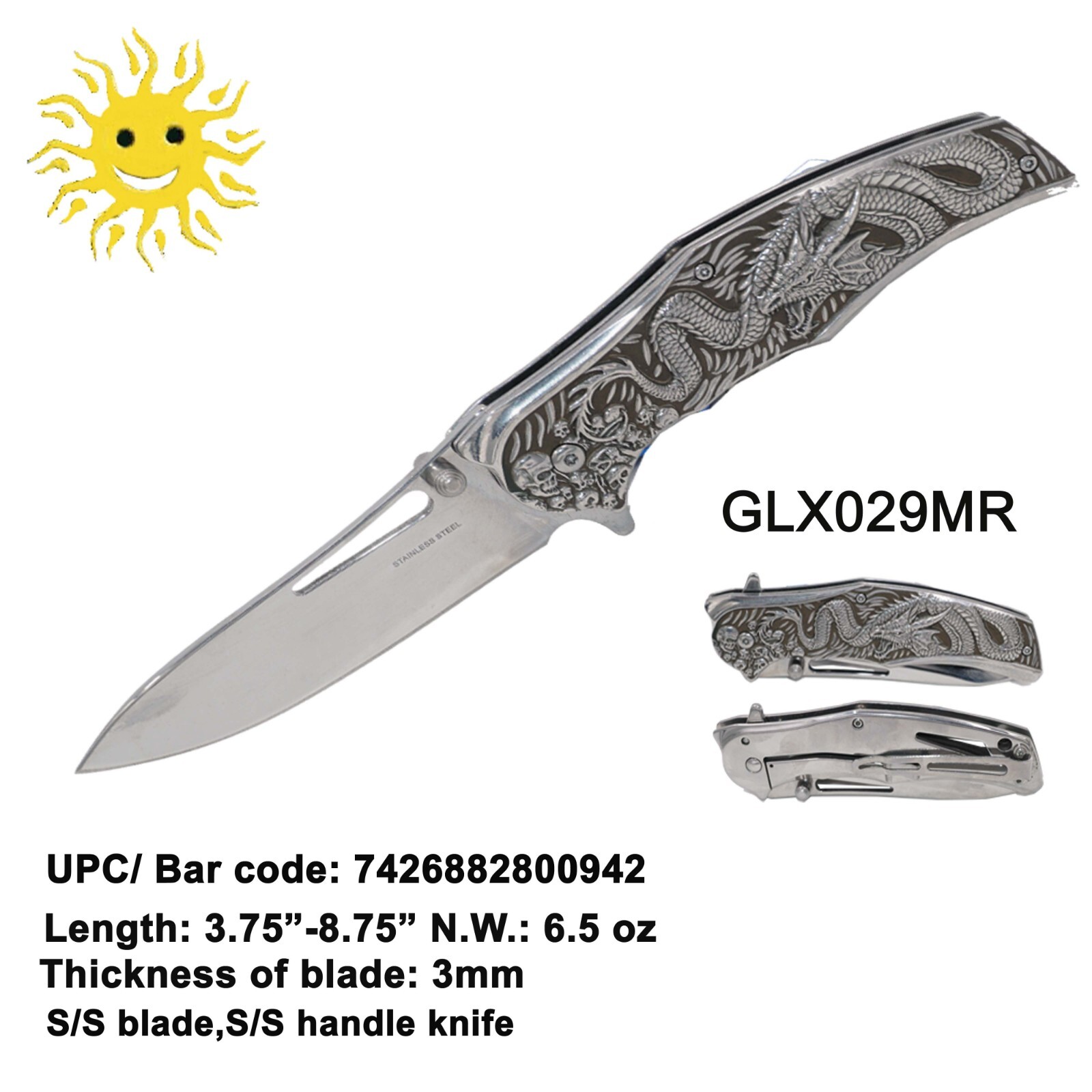 Dragon Knife 8.99” Silver Color quick open EDC Heavy-Duty hunting gift