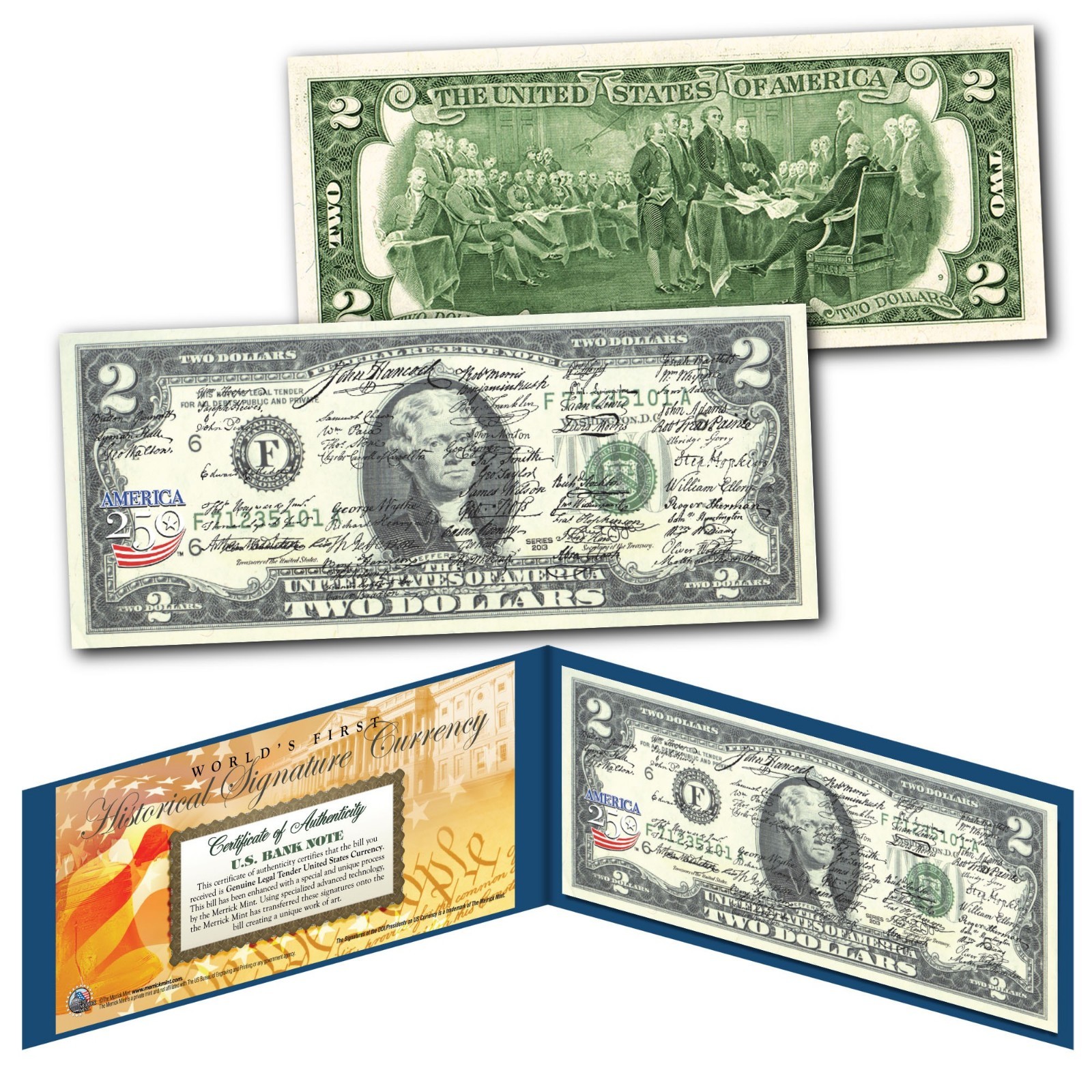 Declaration of Independence HISTORICAL SIGNATURES America 250 Authentic $2 Bill