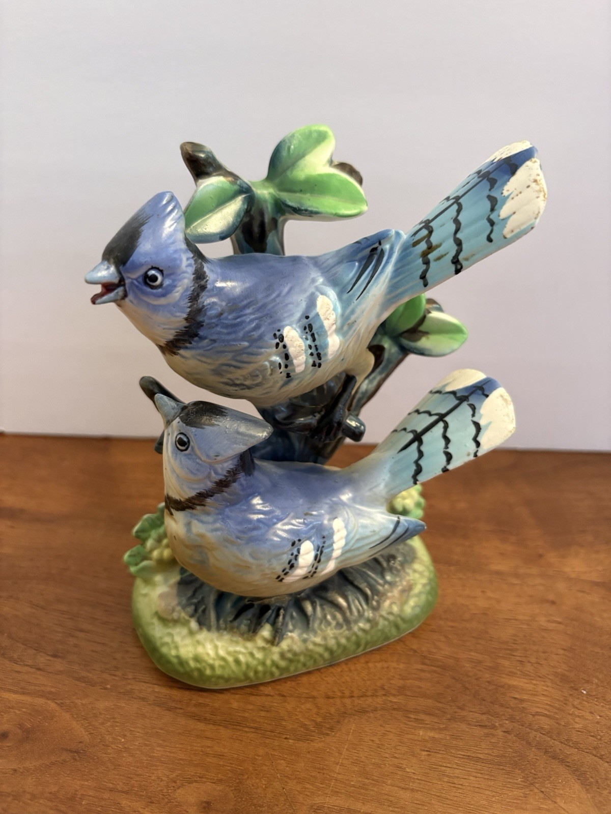 Vintage Satin-Finished Blue Jays Perched In Tree Original Hand-Painted Figurine