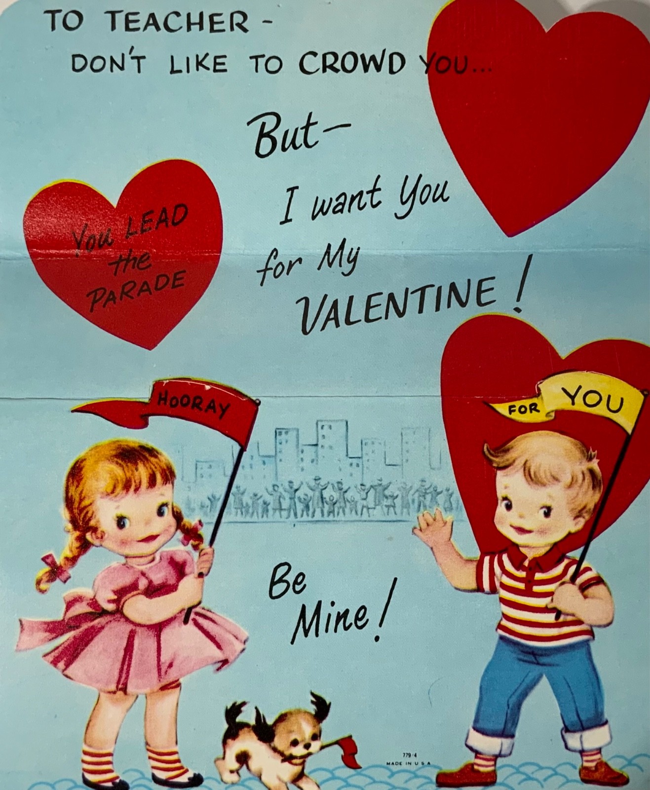 Vintage Valentine Card Teacher Boy, Girl, Dog With Flags “You Lead The Parade”