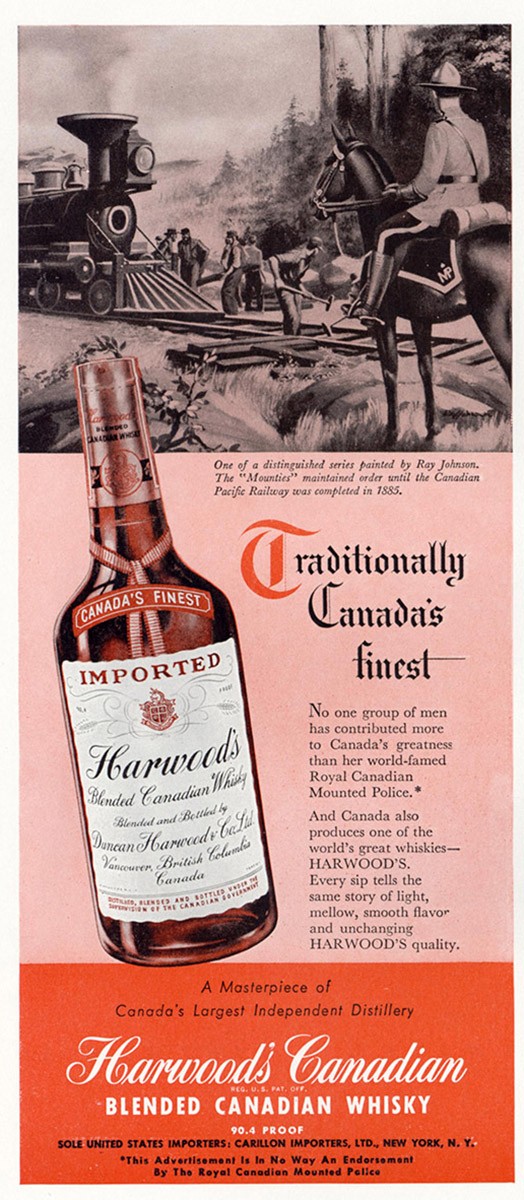 1949 Harwoods Whisky: Traditionally Canadas Finest, Mounties Vintage Print Ad