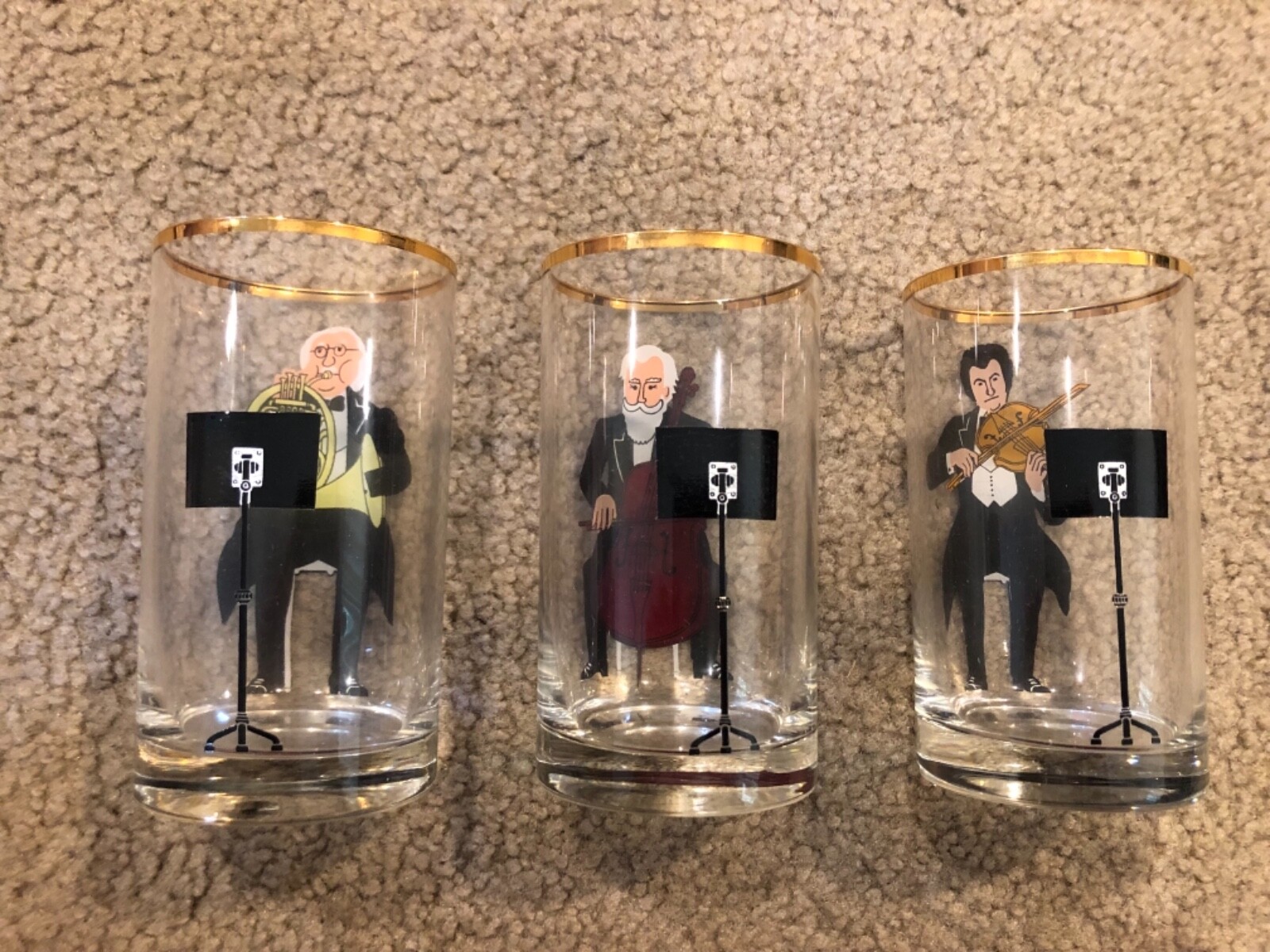 3 Clear Drink Glasses w/ Applied Black Musical Orchestra Players See through