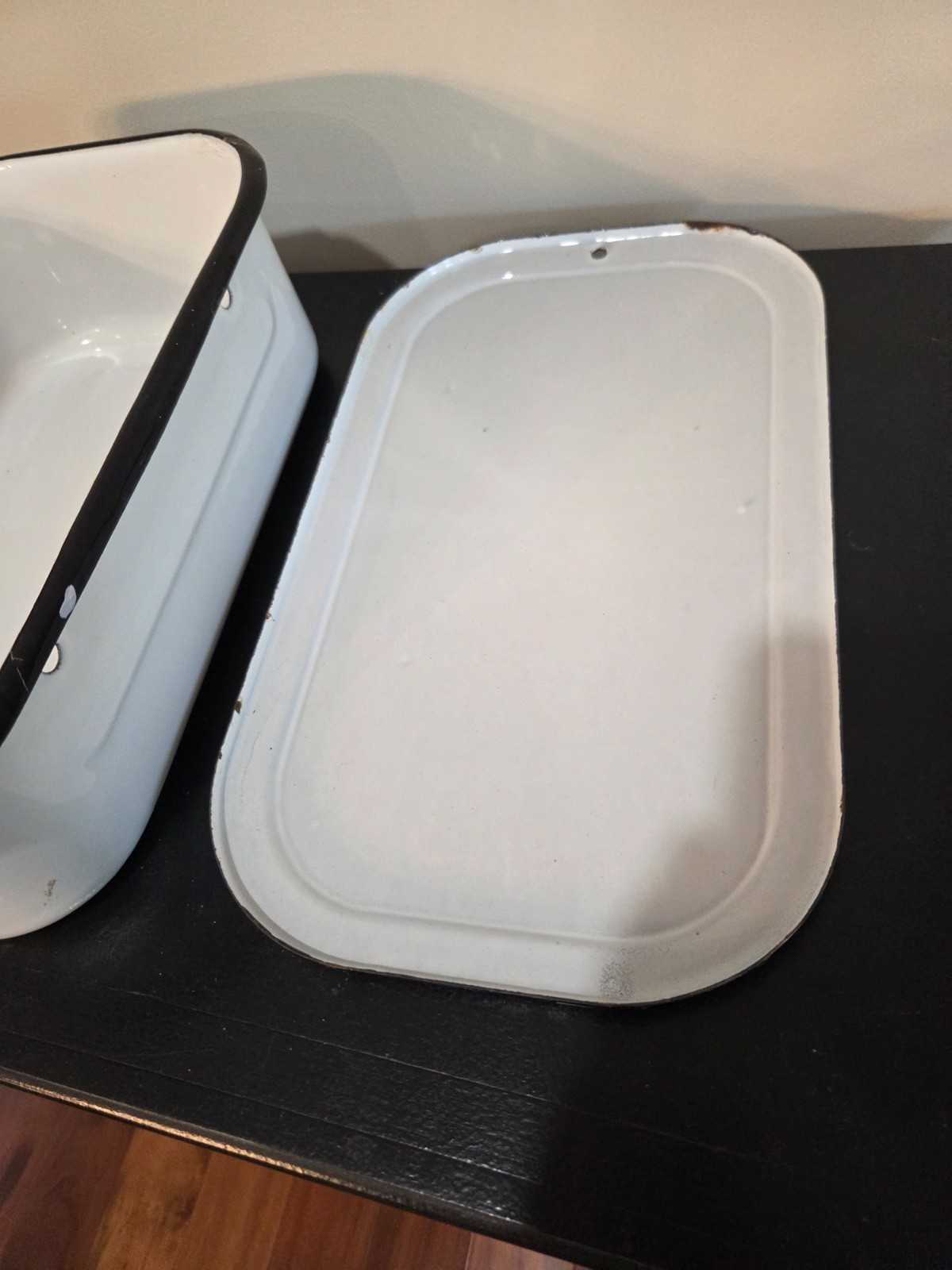 Vintage White & Black Enamelware Rectangular Lidded Refrigerator Crisper