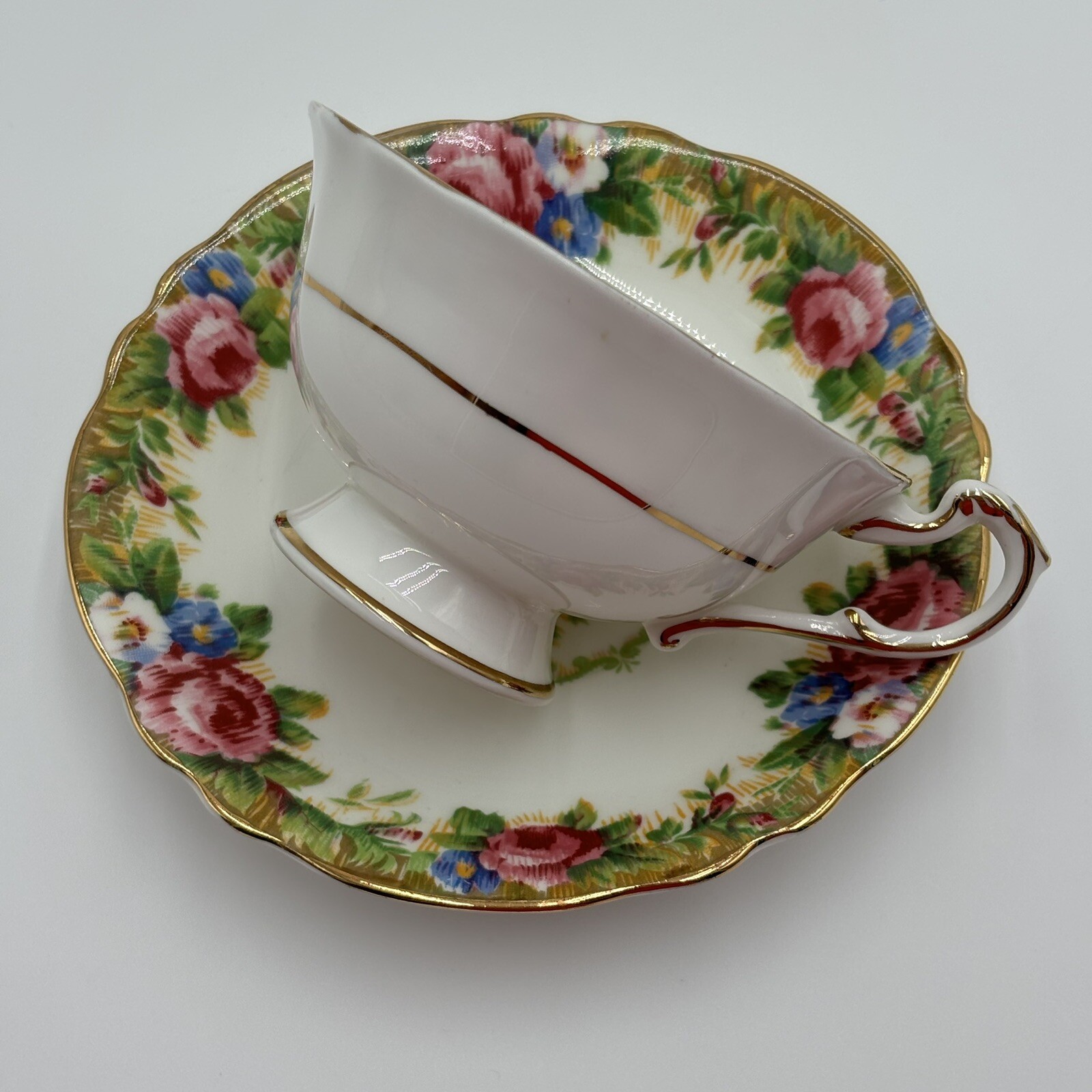 1950s Paragon Tapestry Rose Bone China Teacup Saucer Set Double Warrant