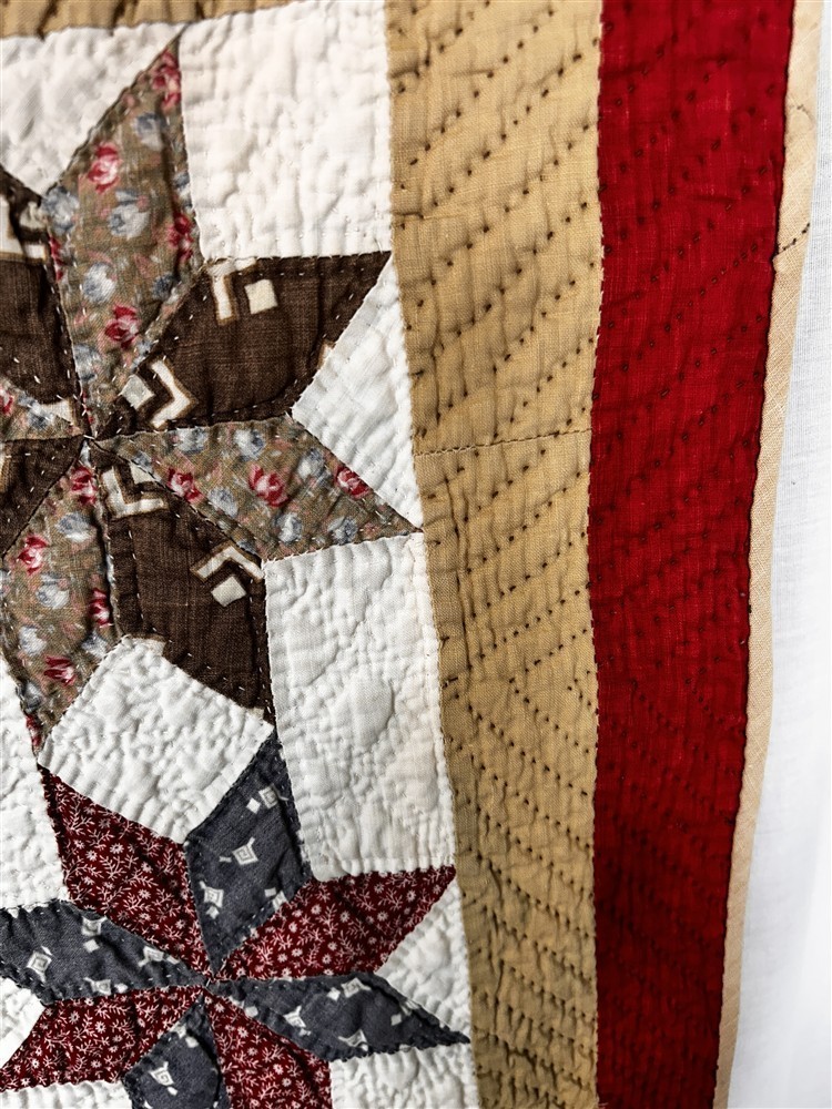 antique quilt patchwork stars red gold and white 69 x 87 print back original
