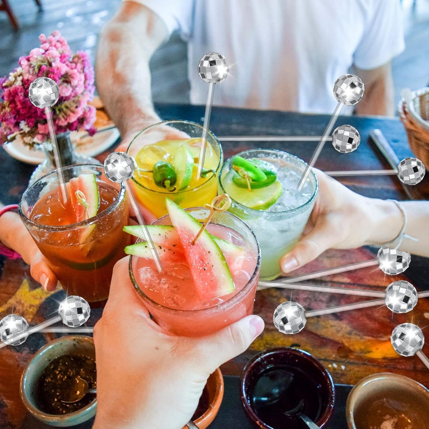 80 Pcs Disco Ball Drink Stirrer Round Top Swizzle Sticks Silver Mirror Ball S…