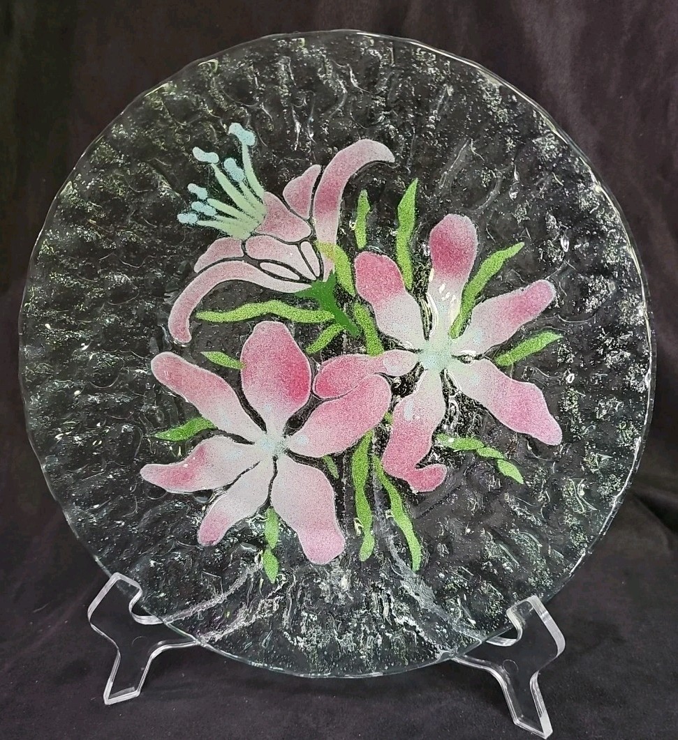 Sydenstricker Fused Art Glass Plate 9.5″ Tiger Lily Pink Signed USA EUC