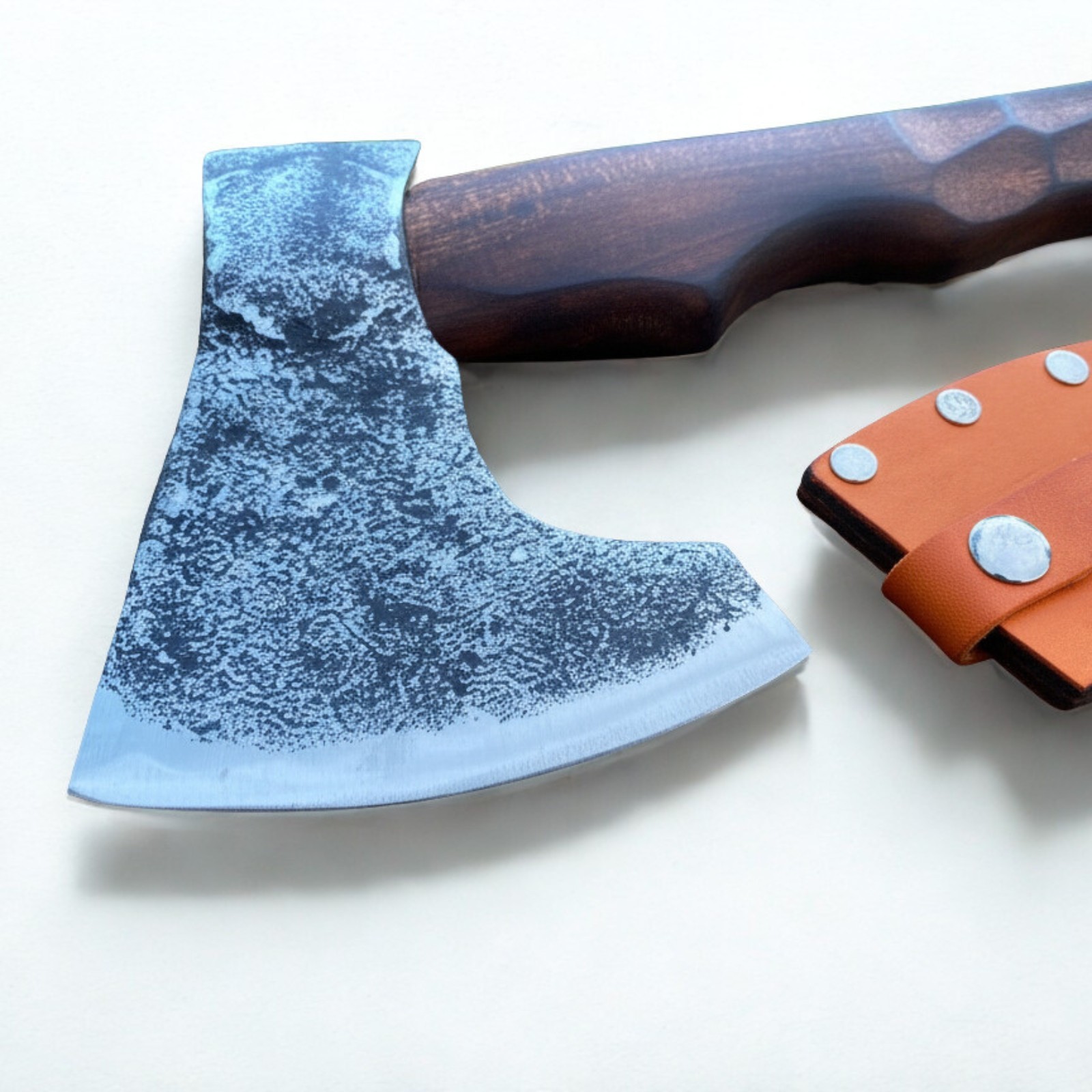 Viking Bearded Axe 15″ Hand Forged Carbon Steel Hatchet Faceted Carved Handle