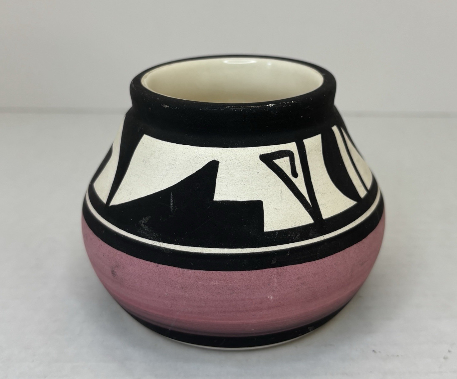 Native American Pottery UTE Mountain Tribe Art Bowl Pink Ceramic Signed “Taik”