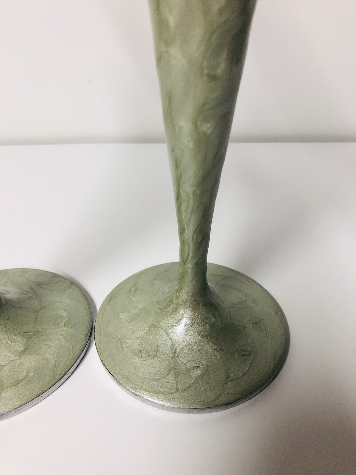 Epoxy Resin Sage Green & Silver Metal Candlestick Holders 10” India Rare Set