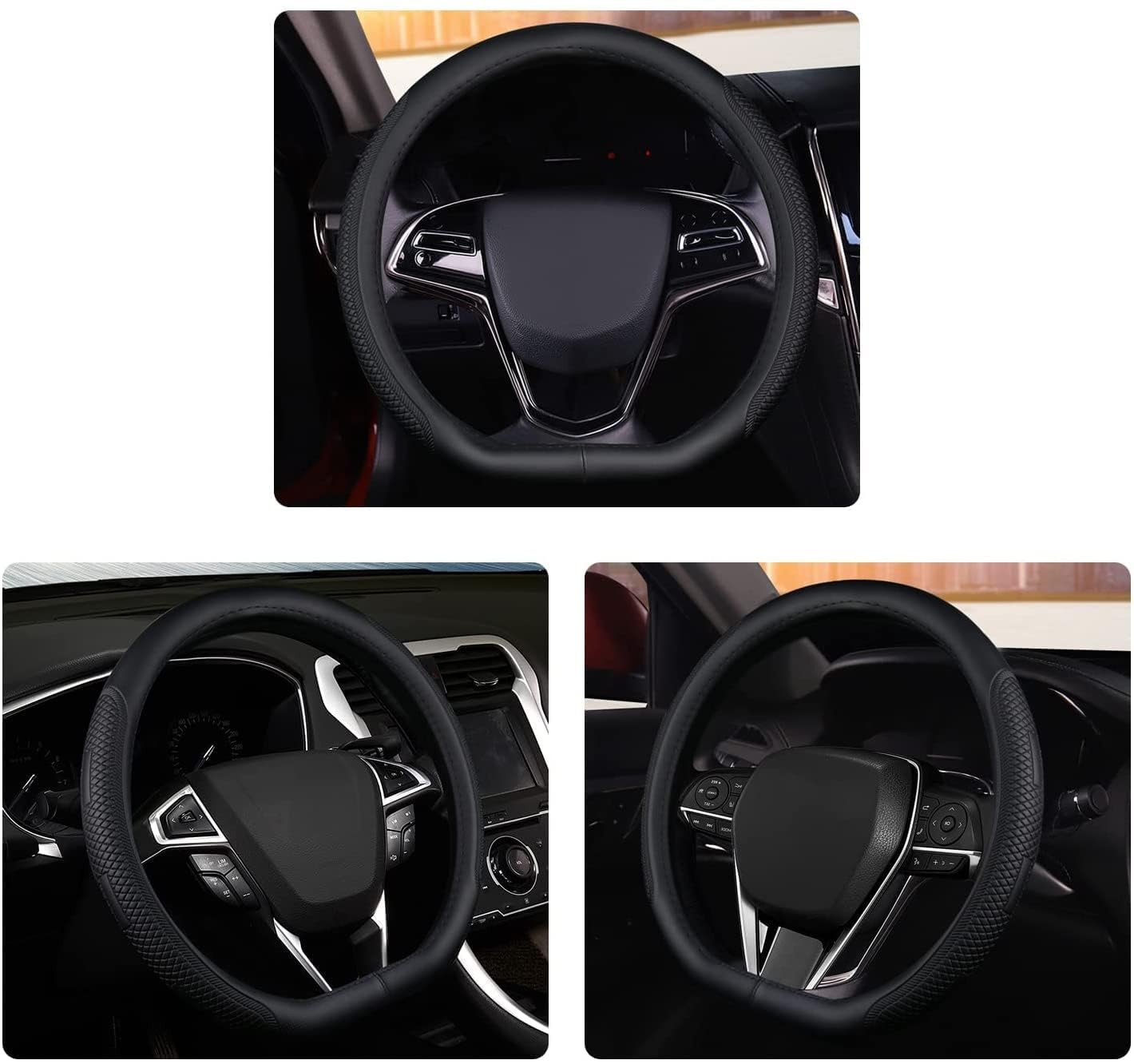 D Shape Steering Wheel Cover,Universal 14.5-15 Inch Car Black Leather Steerin…