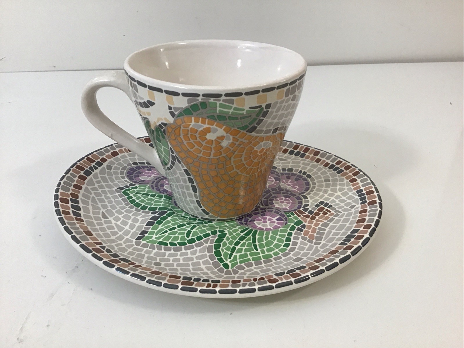 Sango Zoey Vtg Mosaic Fruit & Grape Pattern Cup and Oval Saucer Set (Multiples)