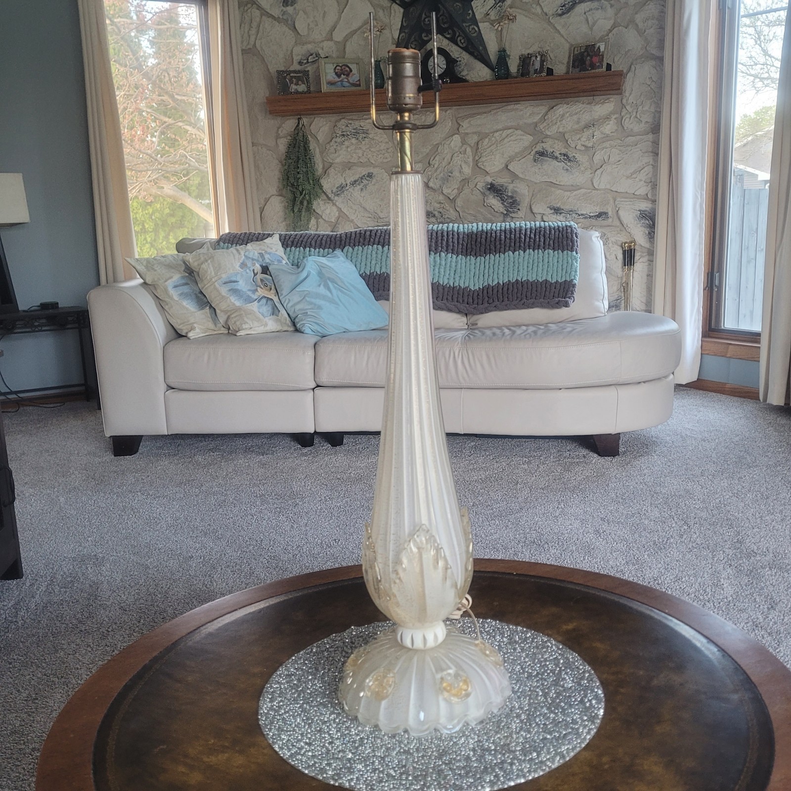 Vintage White Murano Lamp Hand Blown Clear & Gold inclusions, “Cordonato d’Oro