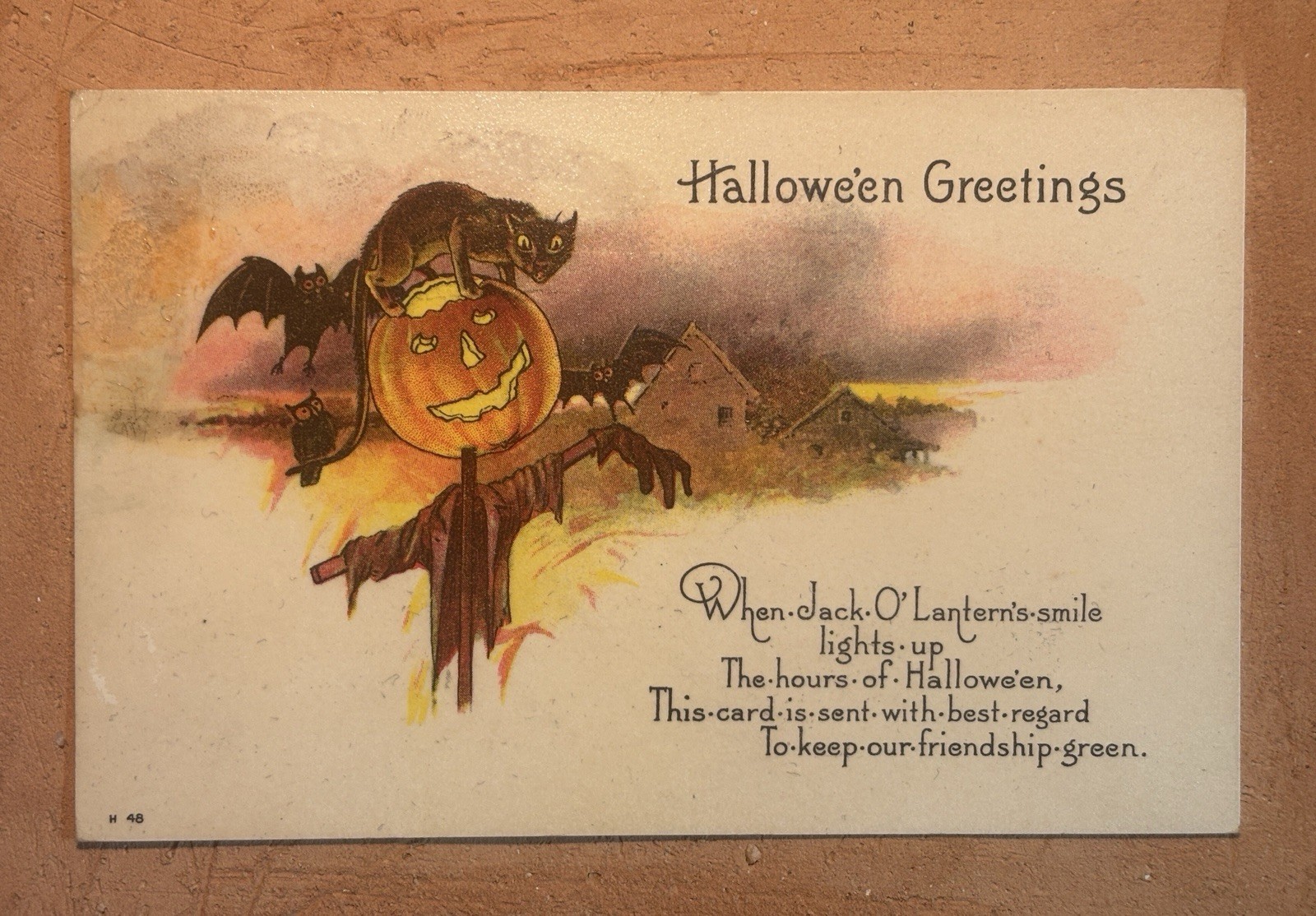 Antique Halloween Postcard 1920 Black Cat Scarecrow Bats Jack-O-Lantern 437