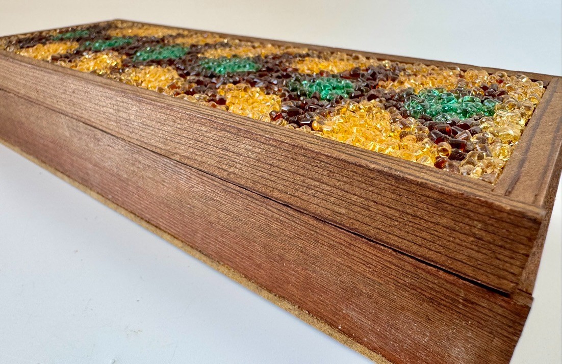 Vintage Wooden Gravel Art Beaded Trinket Jewelry Pencil Box MCM Art Decor