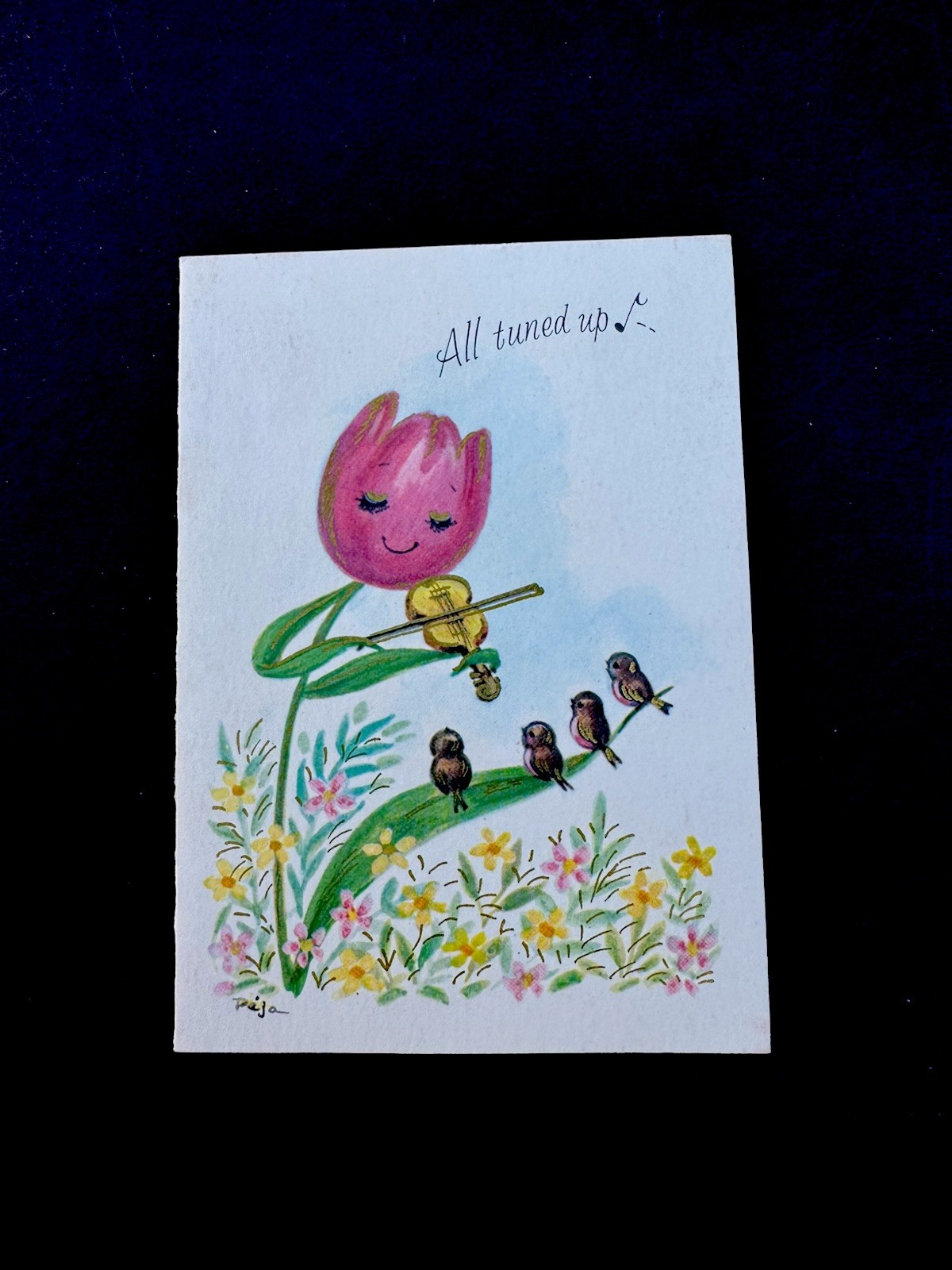 1 VTG Anthropomorphic Birthday Greeting Card Tulip Playing The Violin To Birds