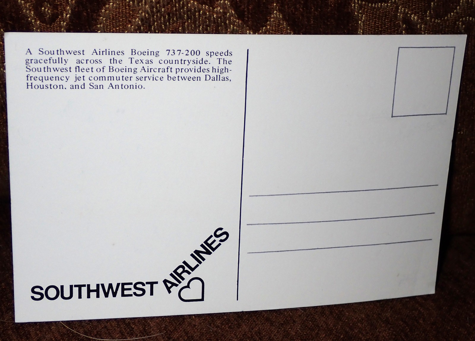 Rare “SOUTHWEST AIRLINES” Issued Boeing Postcard HOUSTON Texas~NEW Vintage 1972