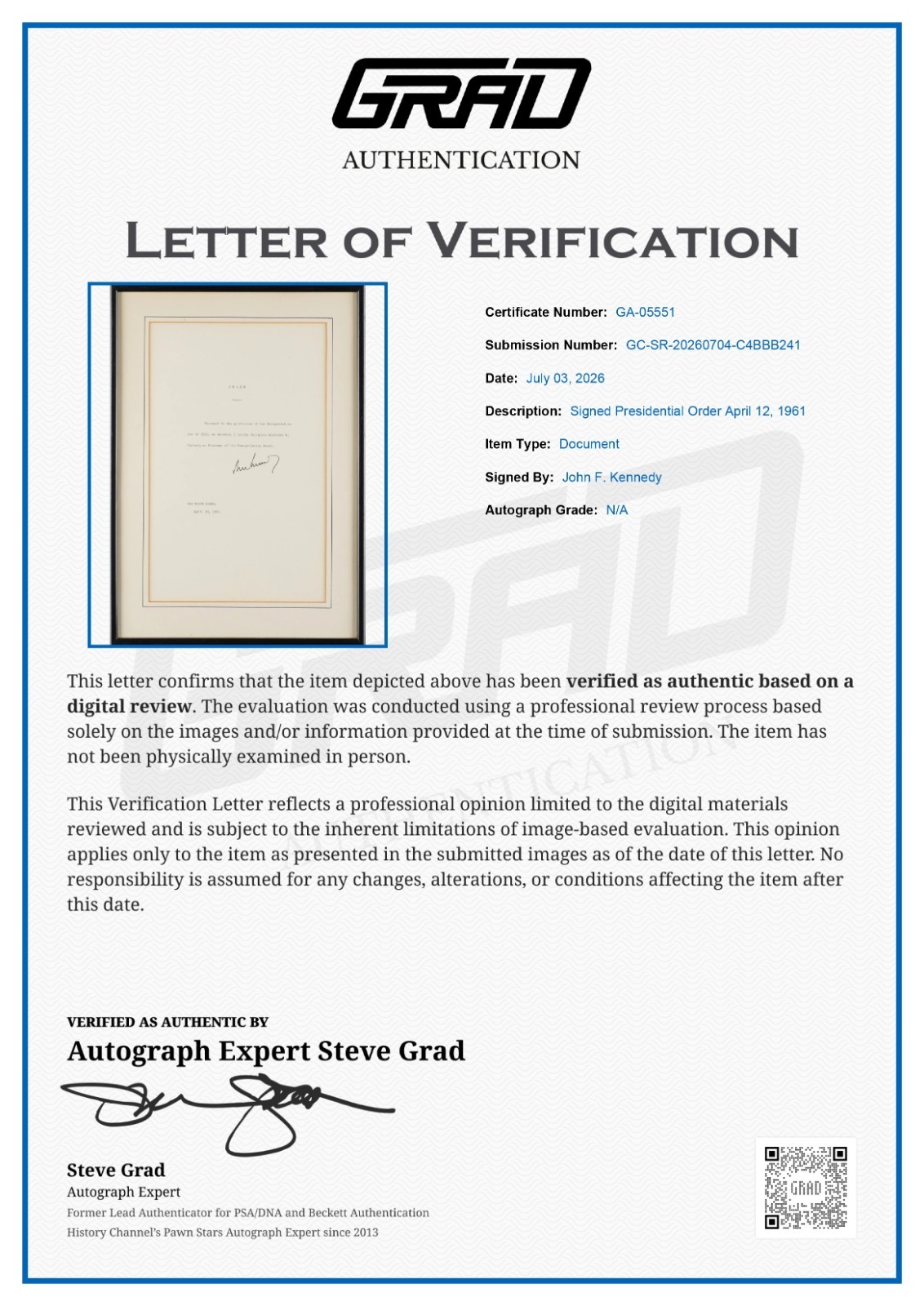 John F Kennedy JFK Signed Auto April 12 1961 Presidential Order Document GRAD