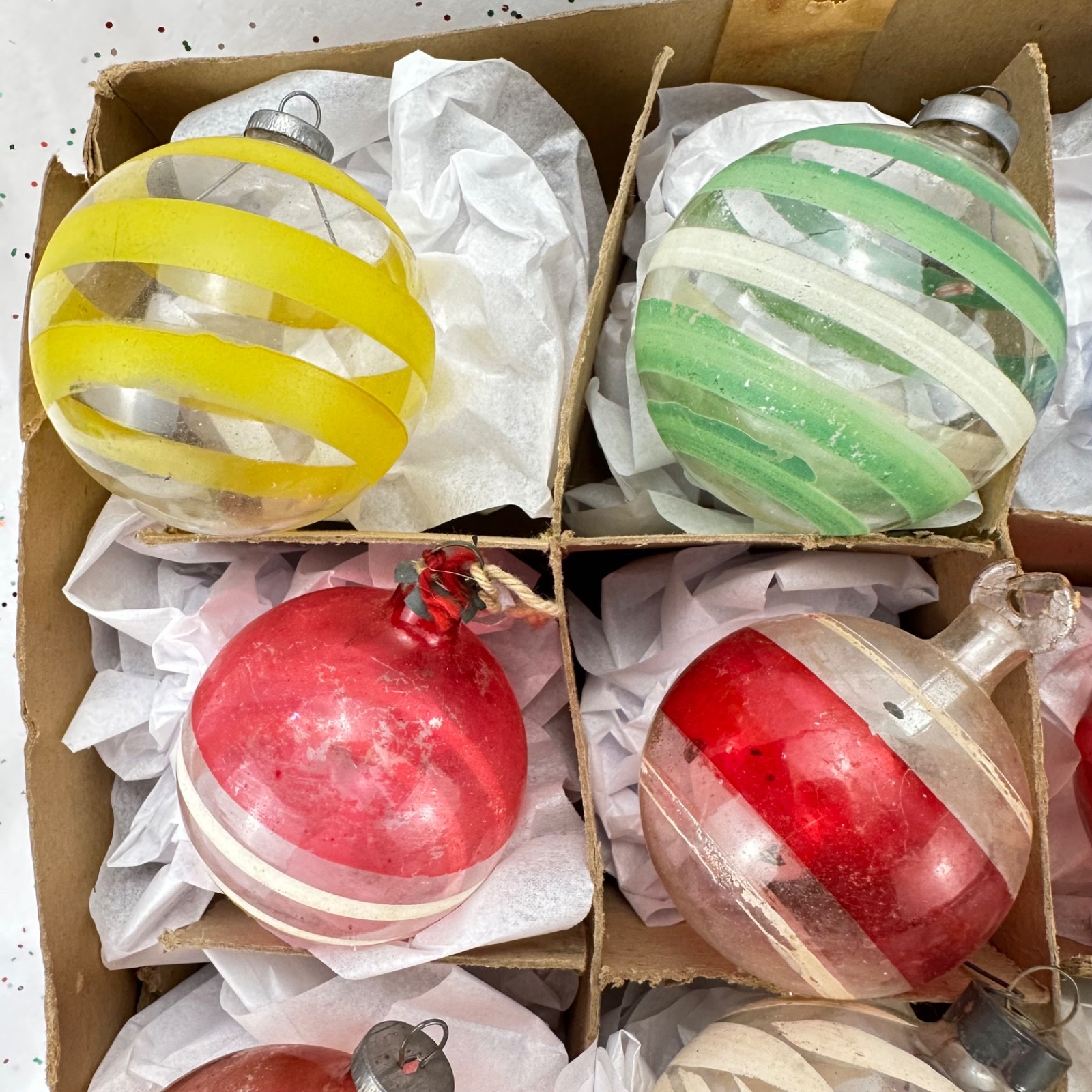 WWII Era 12 Unsilvered Hand Painted Round Stripes Paper Cap US of A Ornaments
