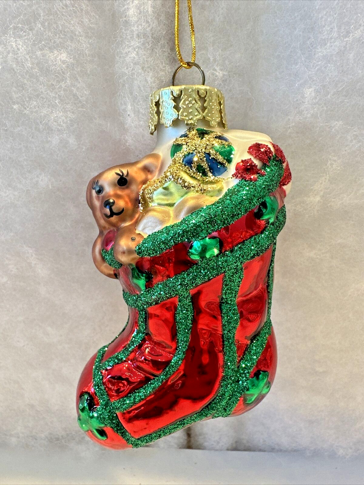 Vintage Figural Mercury Glass Ornament Christmas Stocking with Toys 4″ x 2″ Mint