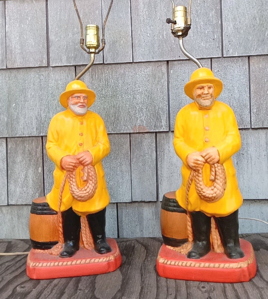 TWO VTG V. RARE MATCHING CHALKWARE Sailors, Longshoreman, Dock Worker 30″ LAMPS