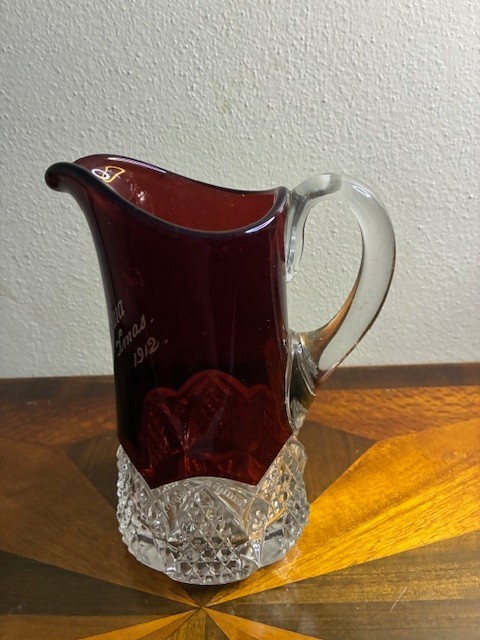Indiana Ruby Glass with Clear Diamond Cut Pitcher – Souvenir Flash Glass 1912