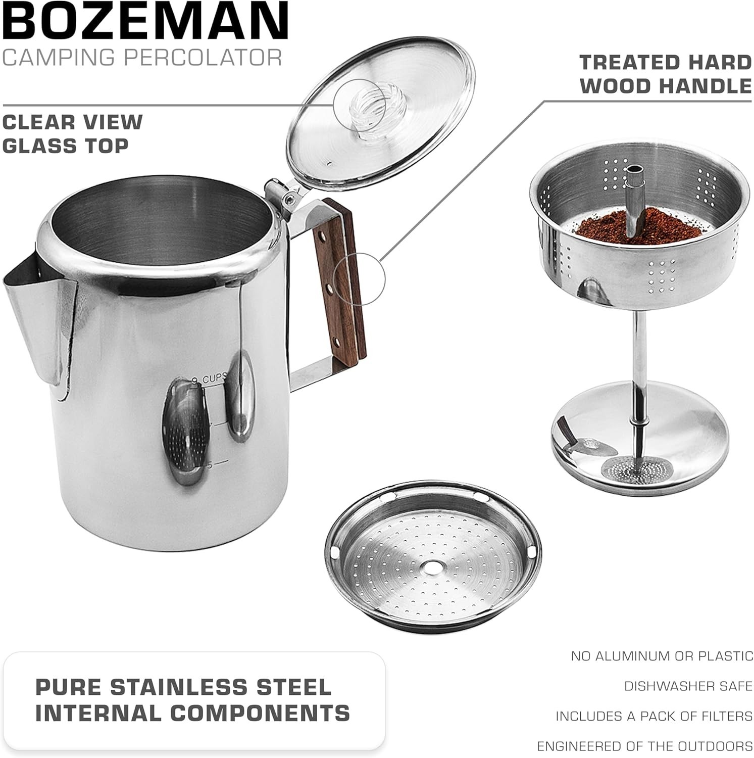Percolator Coffee Pot — NO Aluminum or Plastic [9 cup]