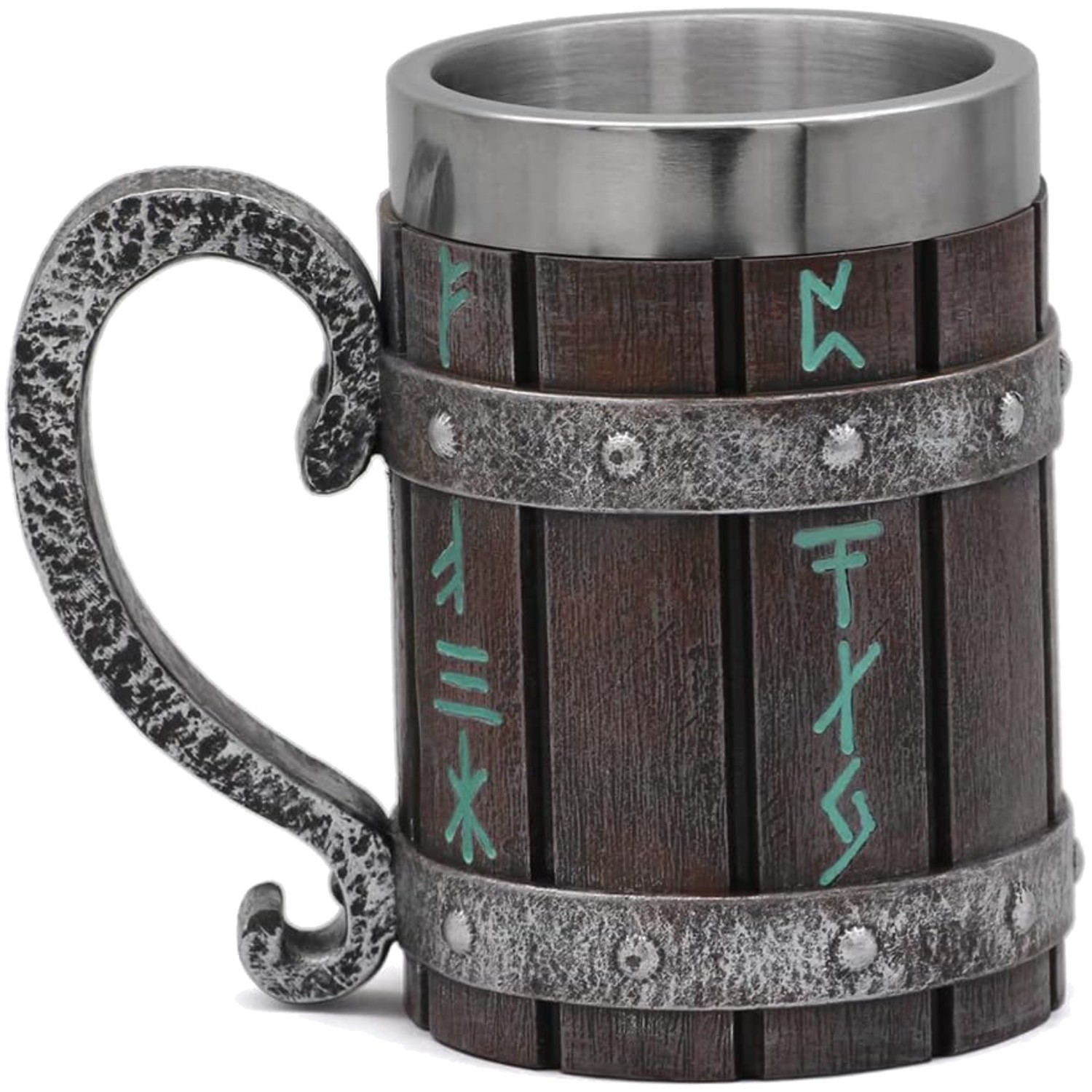 Unique Viking Rune Mug – 13oz Retro Wooden and Stainless Steel Beer Tankard Gift