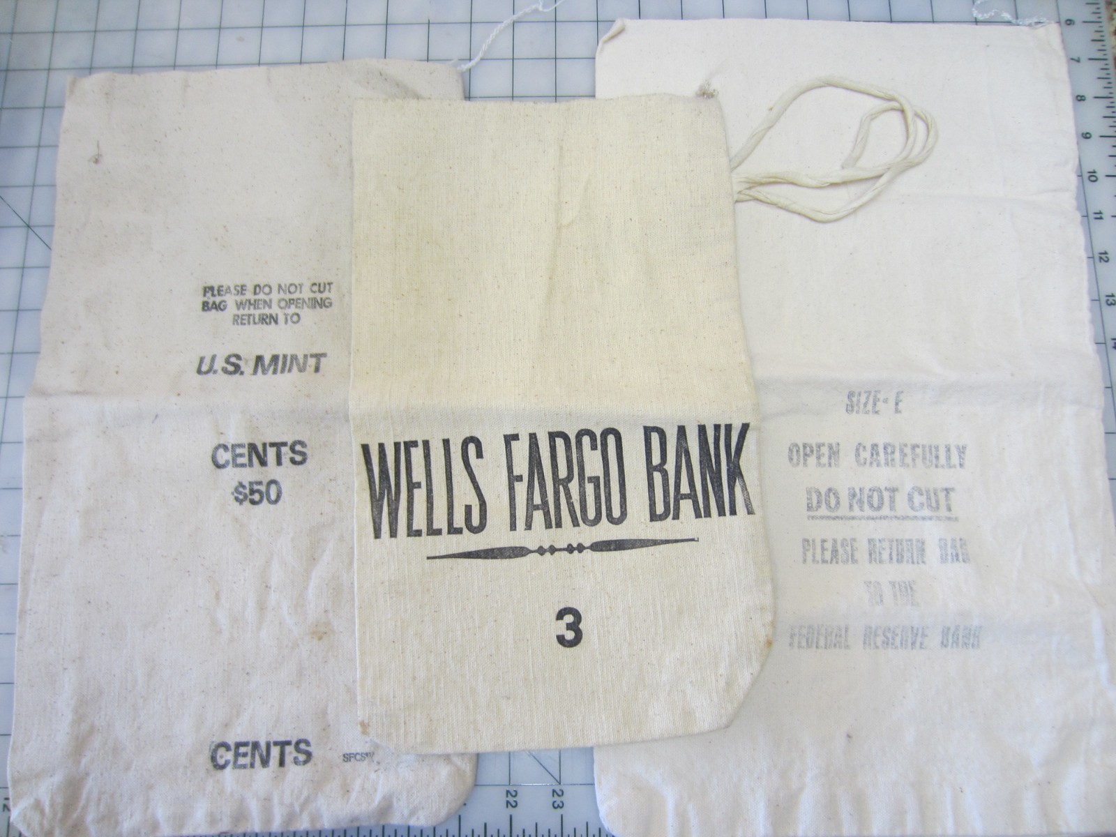 Lot Of 3 Vintage Canvas Bank Money Bags U.S. Mint, Wells Fargo, Federal Reserve