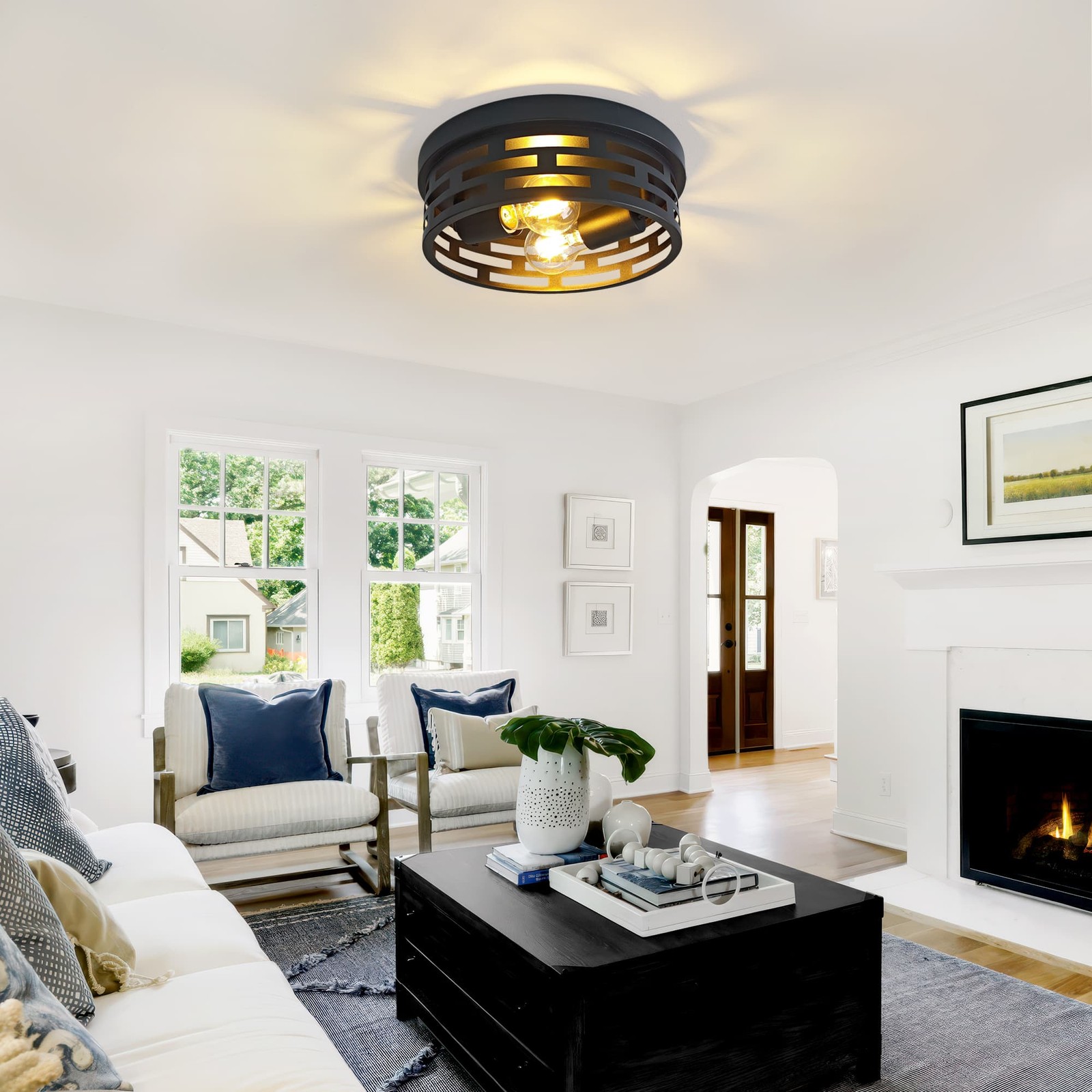 2-Pack 10.2″ Industrial Flush Mount Ceiling Light 2-Light Black Ceiling Fixture