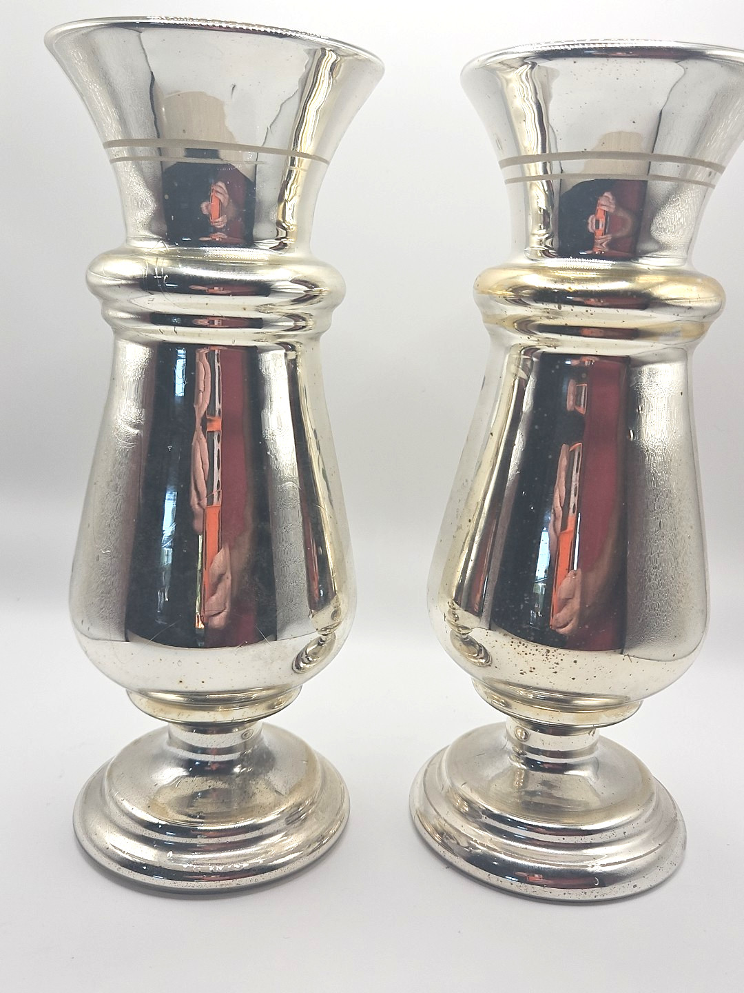 1886 Pair Antique Vintage Silver Mercury Glass vases w/Birds & Flowers 9″ tall