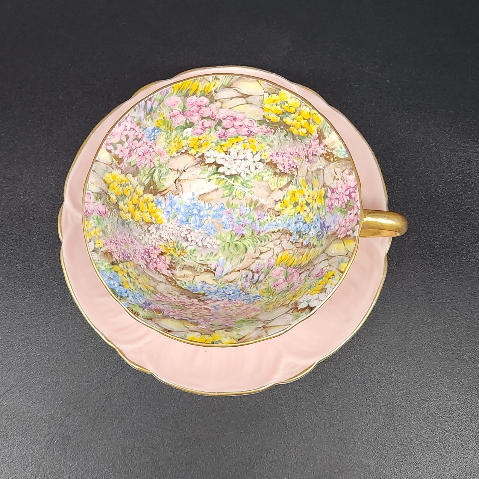 Vtg Shelley Bone China Rock Garden Chintz Teacup & Saucer Oleander Shape Pink