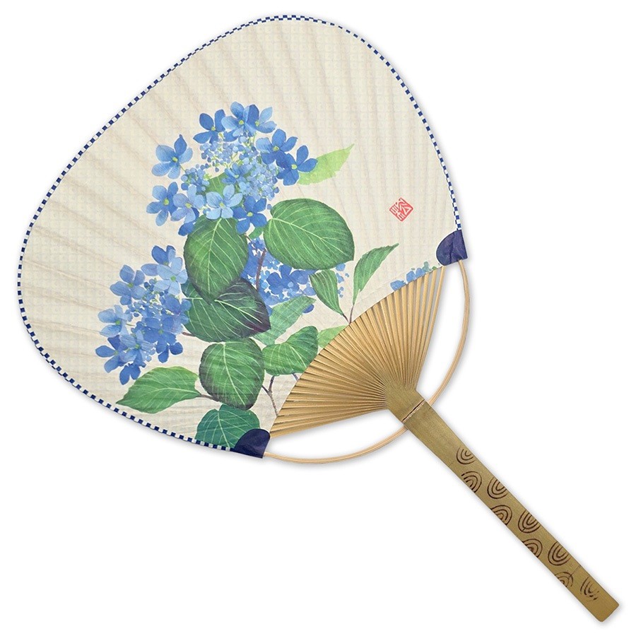 Japanese Uchiwa Flat Dance Fan Hand Held Bamboo Handle Blue Ajisai Flower Design