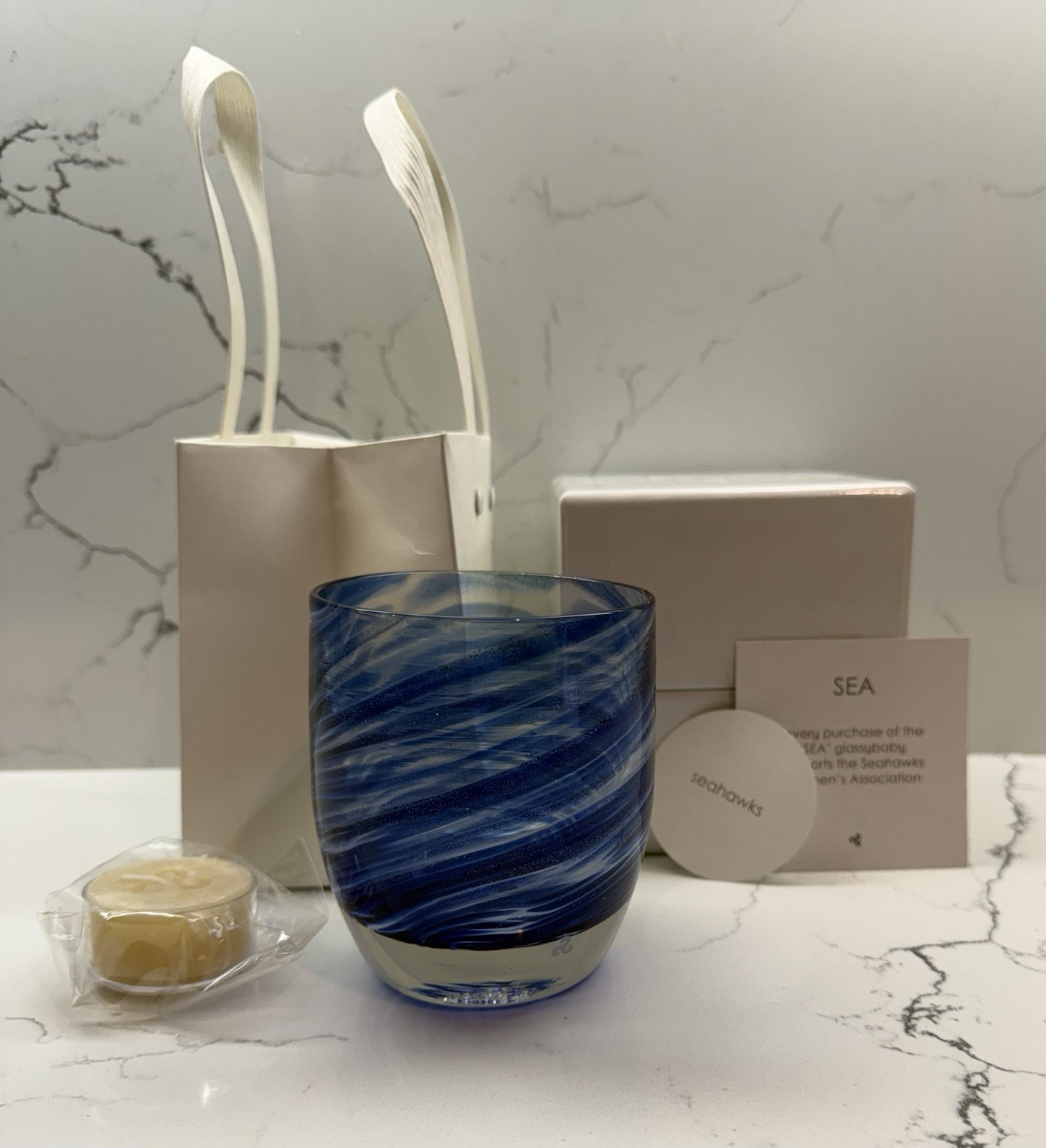 New Glassybaby Seahawks Sea 3 5/8″ Tall Limited Edition Seahawks Blue Swirl 2021