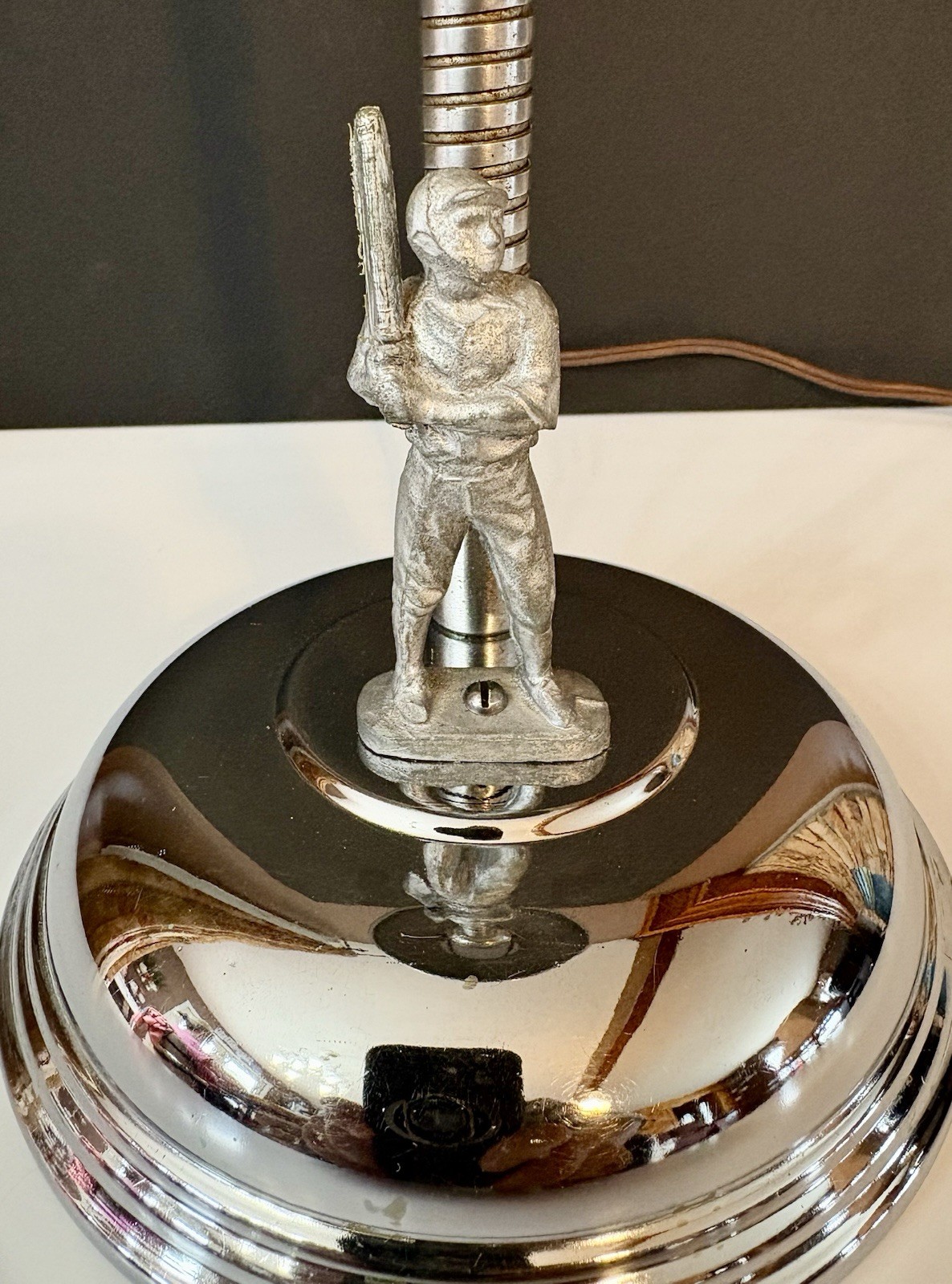 Antique Art Deco Chrome 1940s 50s Baseball Player Desk Table Lamp Light Boudoir