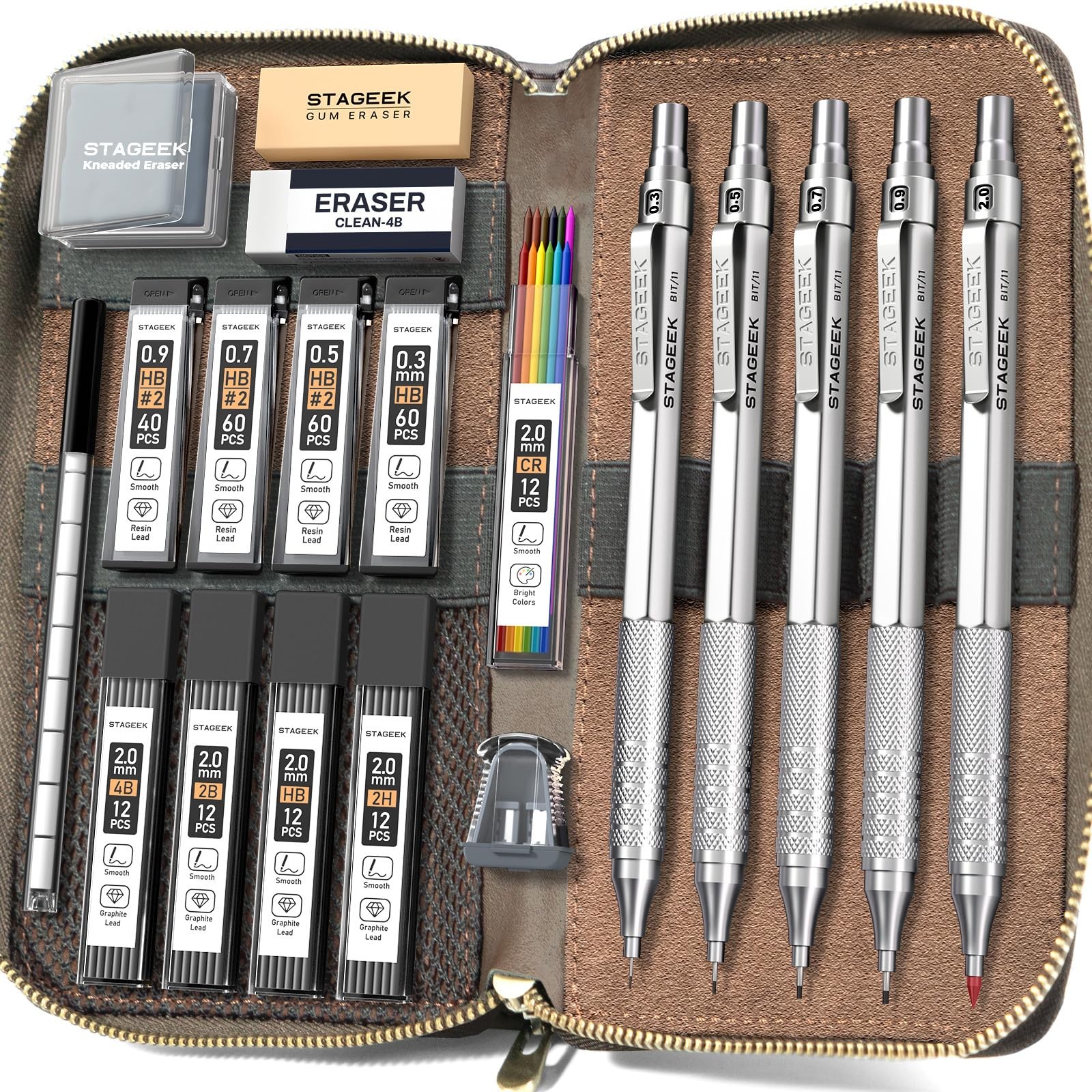 Metal Mechanical Pencil Set in Leather Case, 5PCS Art Drafting Pencil 0.3, 0….