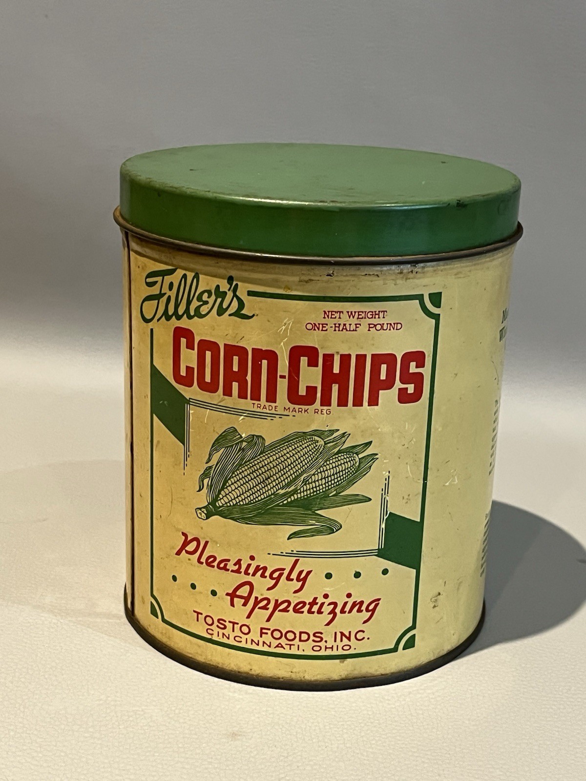 Vintage Old Filler’s 1940s Corn-Chips 1/2 lb Tin Can Tosto Foods Cincinnati Ohio