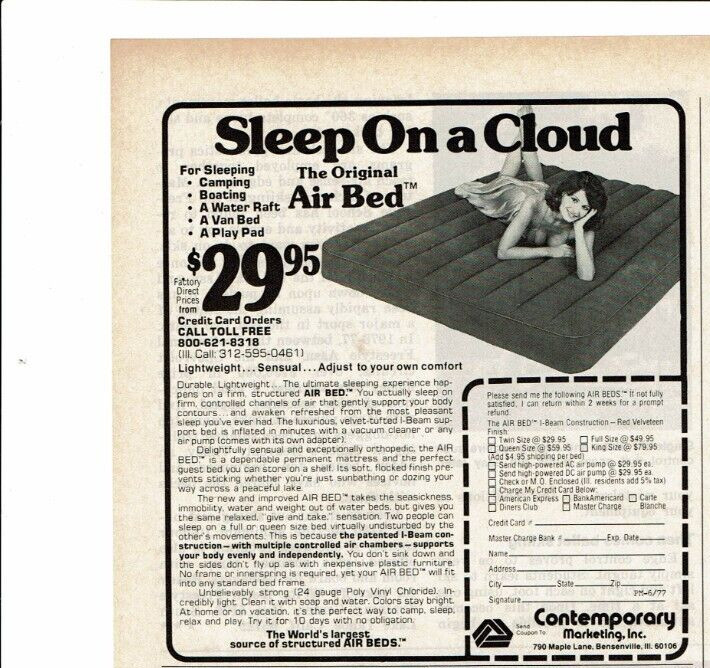 1977 Vintage Print Ad Sleep On a Cloud The Original Air Bed Contemporary Market