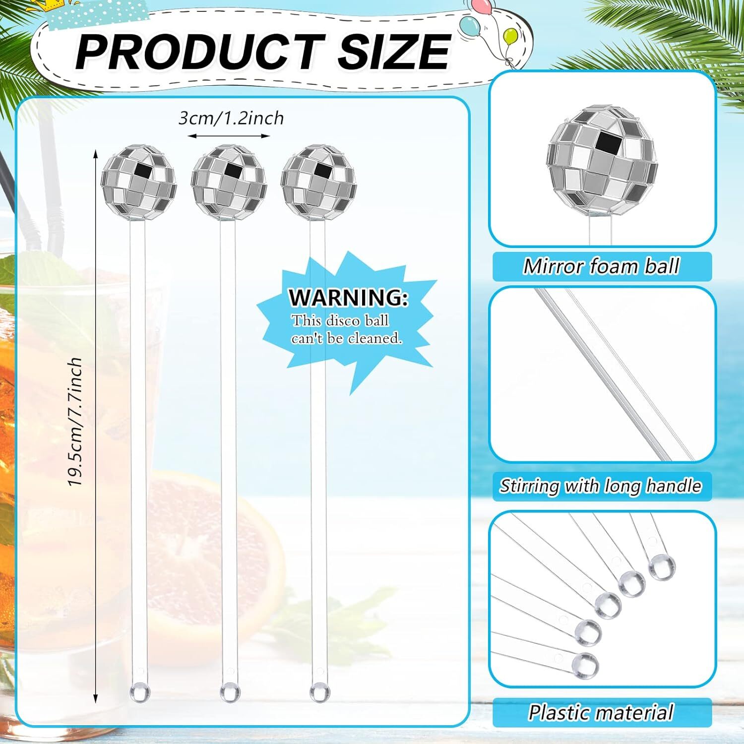 80 Pcs Disco Ball Drink Stirrer Round Top Swizzle Sticks Silver Mirror Ball S…
