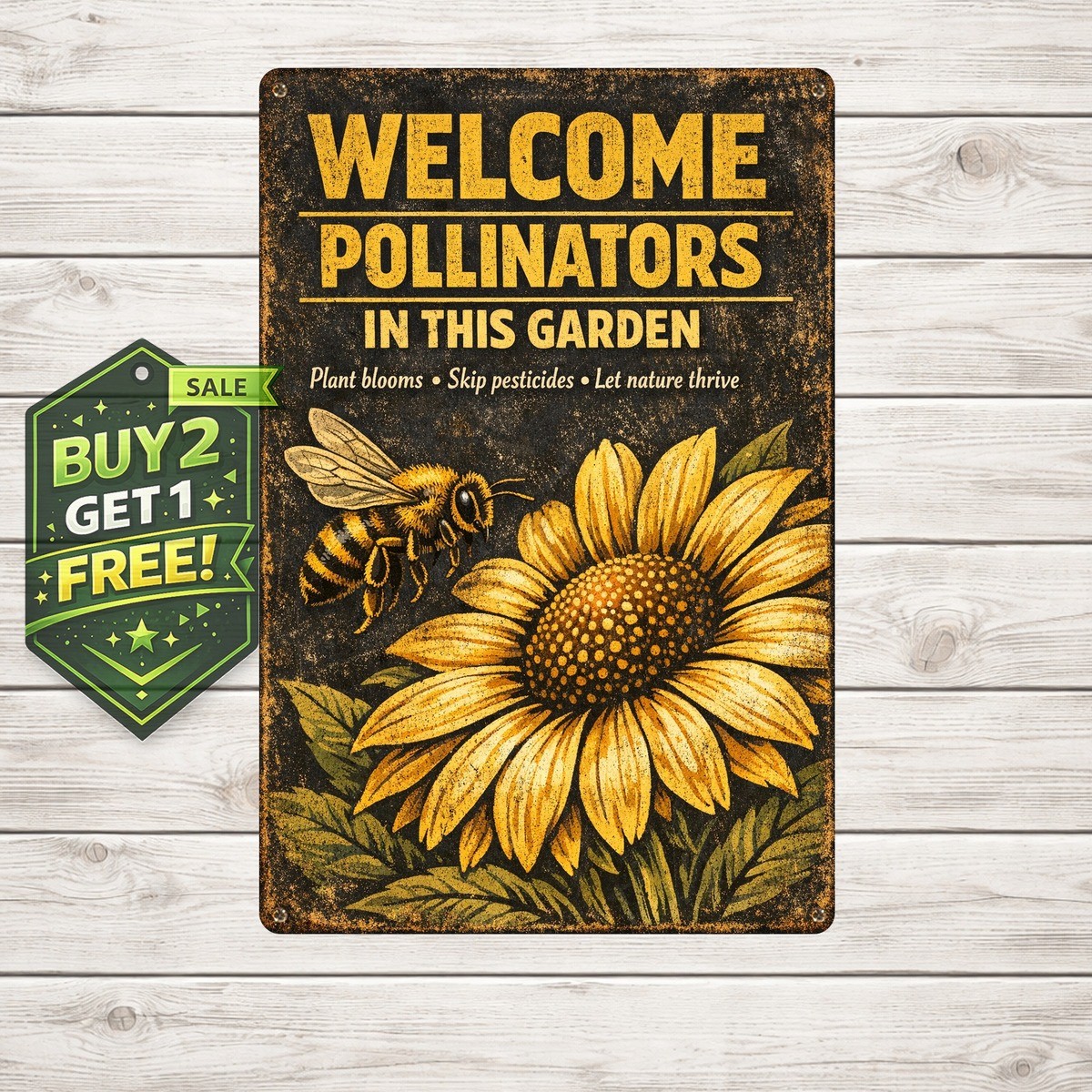 Pollinator Friendly Bee Garden Wall Art Retro Tin Metal Sign 8×12