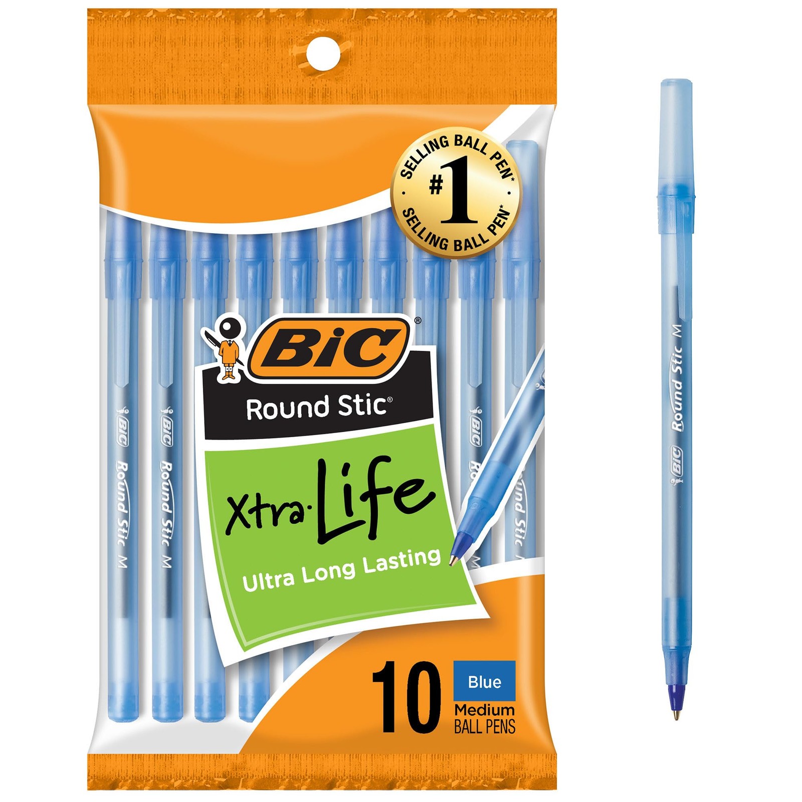 BIC Round Stic Xtra Life Blue Ballpoint Pens, 10 Count (Pack of 1),