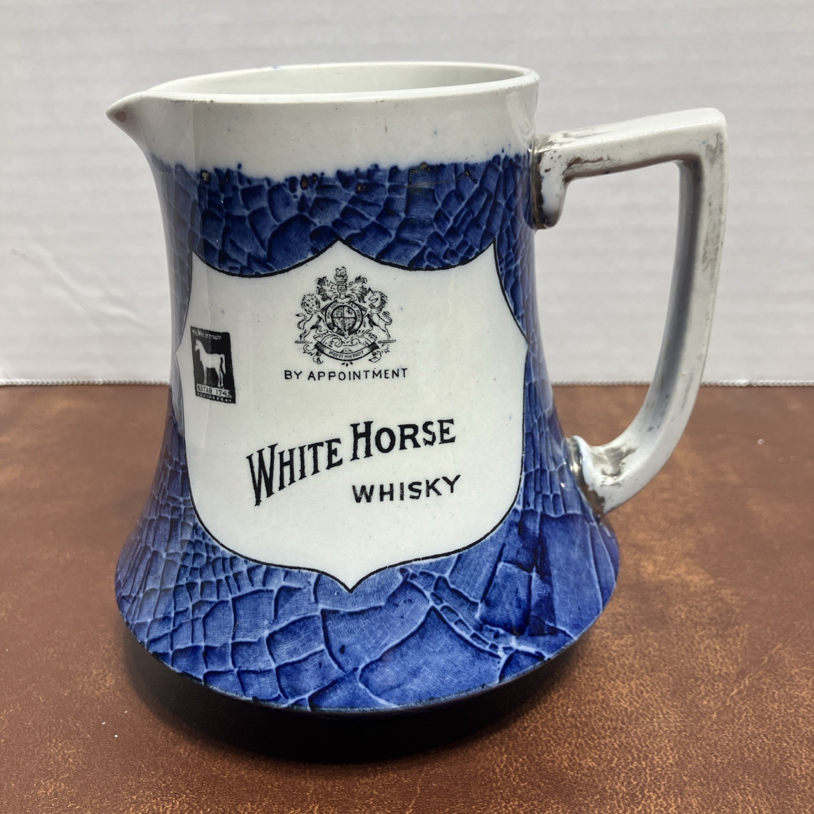 Rare 1901-02 Blue Shelley White Horse Whisky Pitcher”Crocodile”Pattern Rd 384295