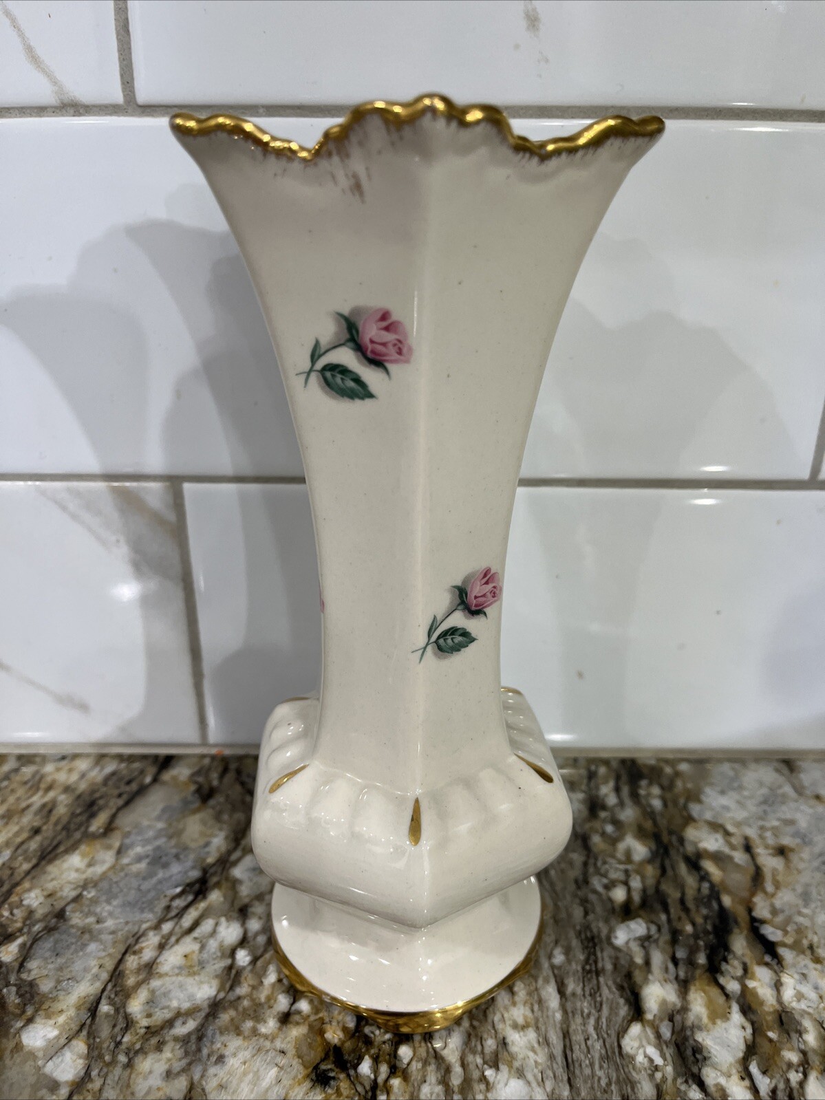 Chantilly Pink Rose With Gold Trim Vase 7 7/8” H