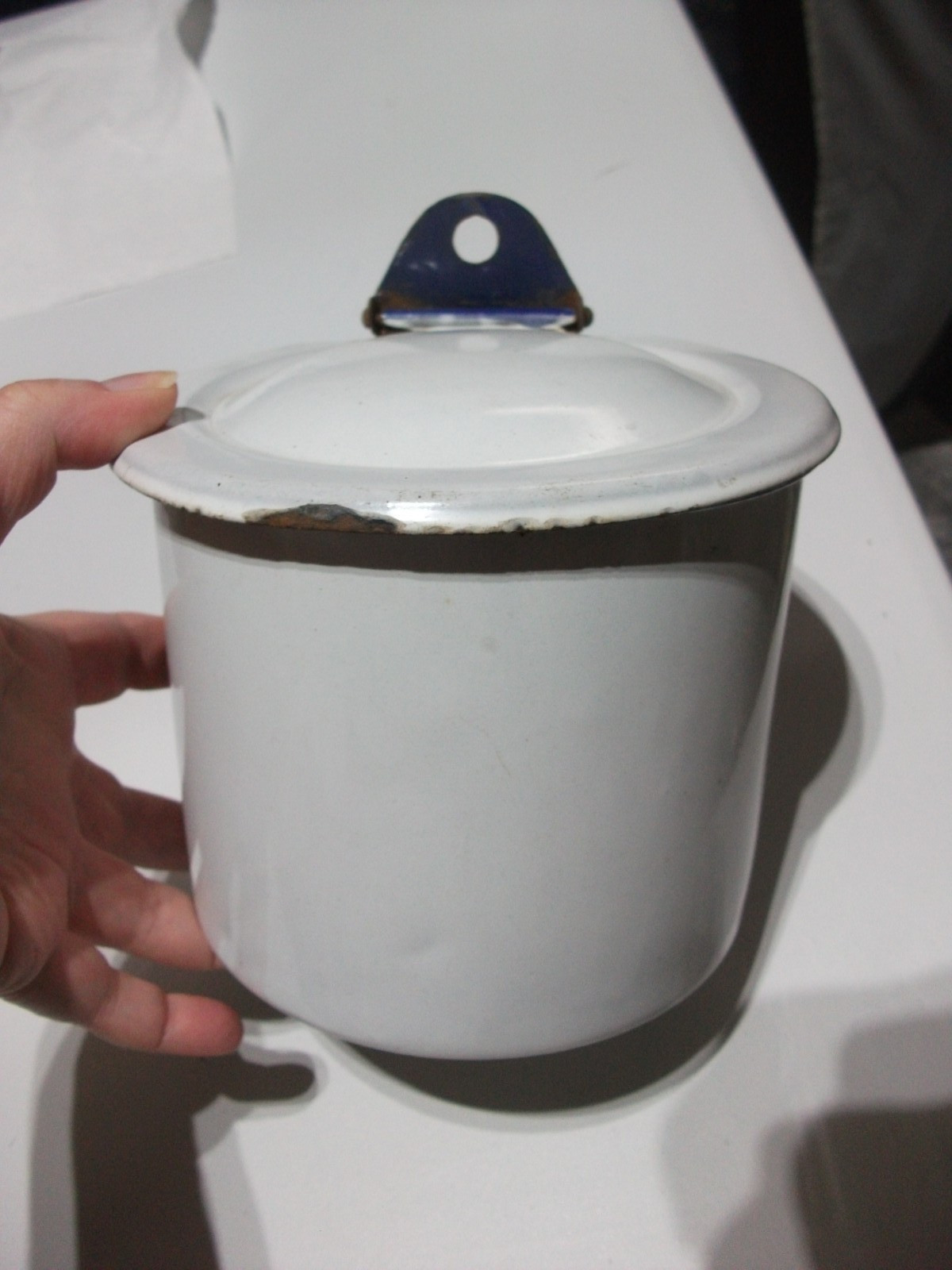 Vintage Enamelware White & Navy Blue Grease Pot Hinged Lid Wall Hanging