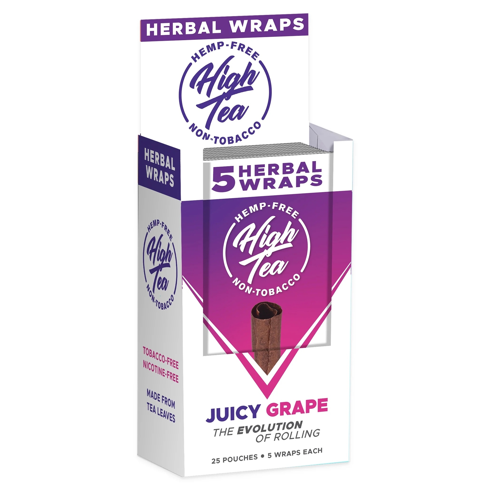 High Tea Wraps JUICY GRAPE Flavor 125 Herbal Wraps Total (Full Box, 25 Pouches)