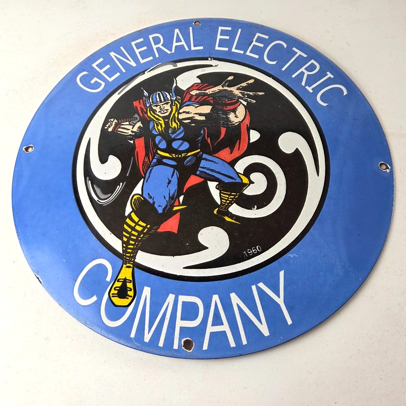 Vintage General Electric Sign – Thor Marvel Gas Auto Shop Pump Porcelain Sign