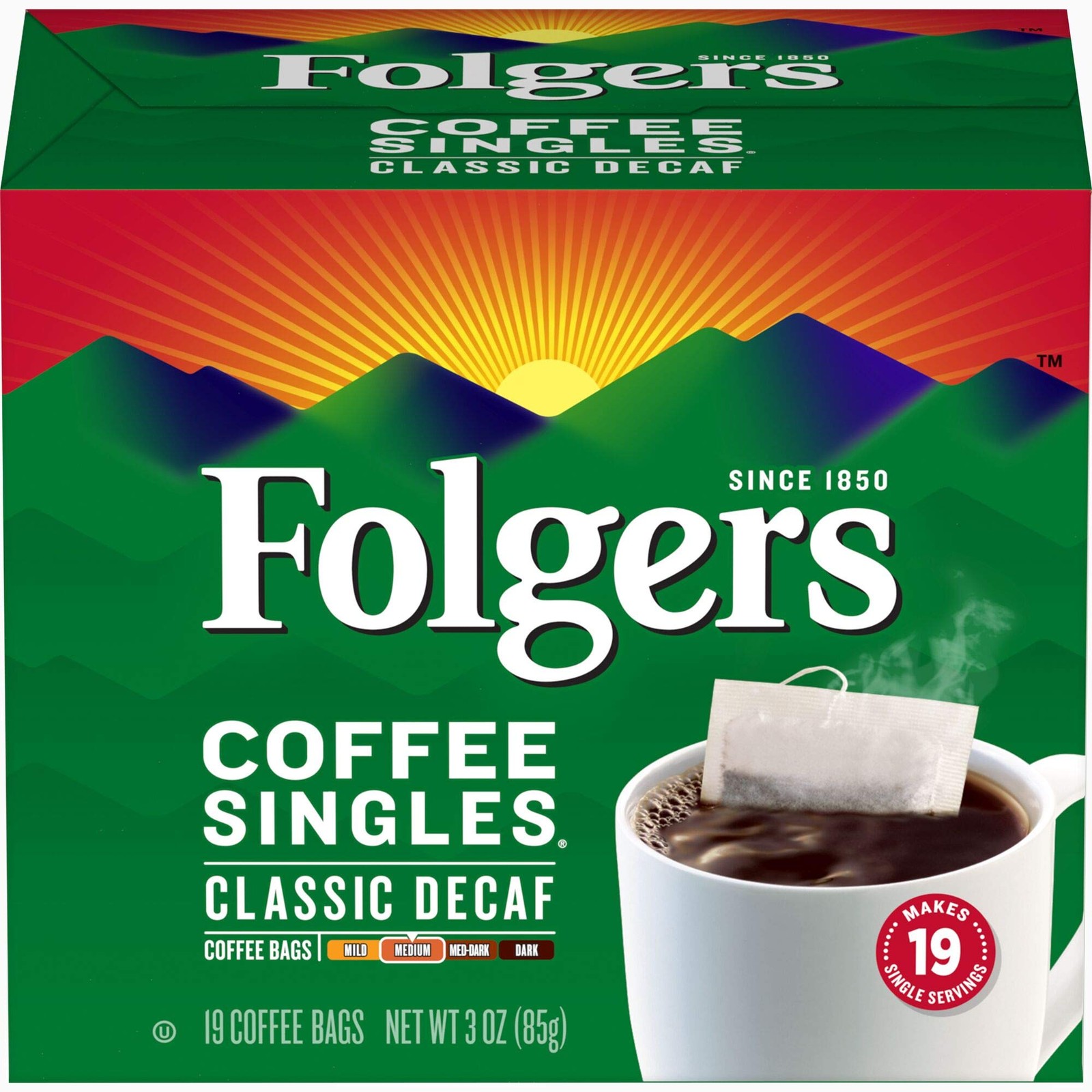 Folgers Coffee Singles Classic Decaf Medium Roast 19 Count (Pack of 1)