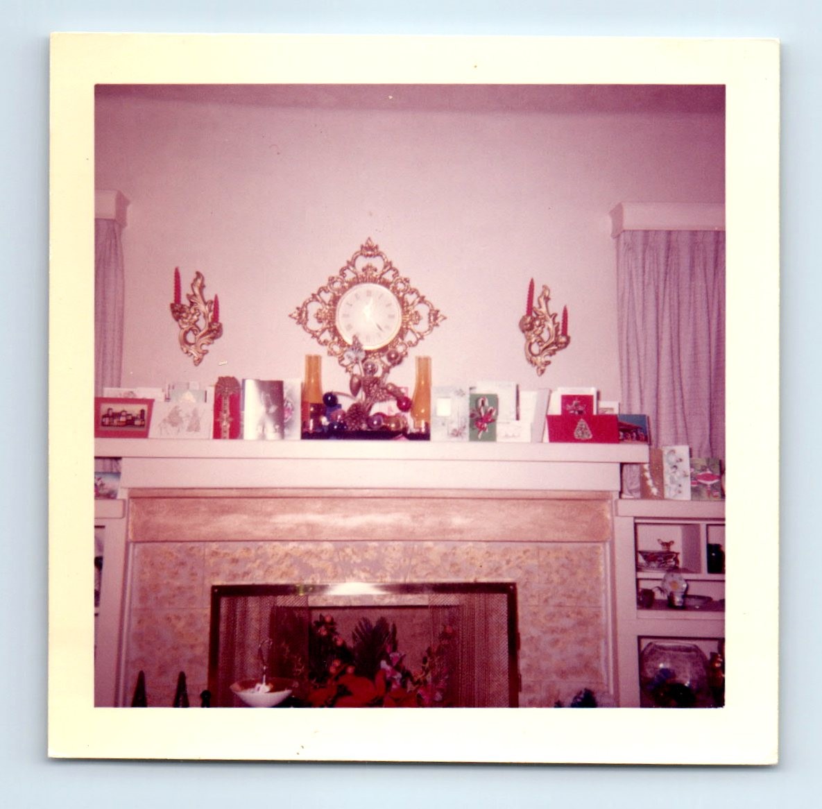 Old Vintage Square Color Photo 1964 CHRISTMAS LIVING ROOM FIREPLACE GREETINGS